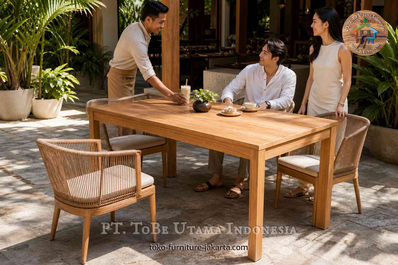 Meja makan kayu terang dengan kursi anyaman di kafe luar ruangan.