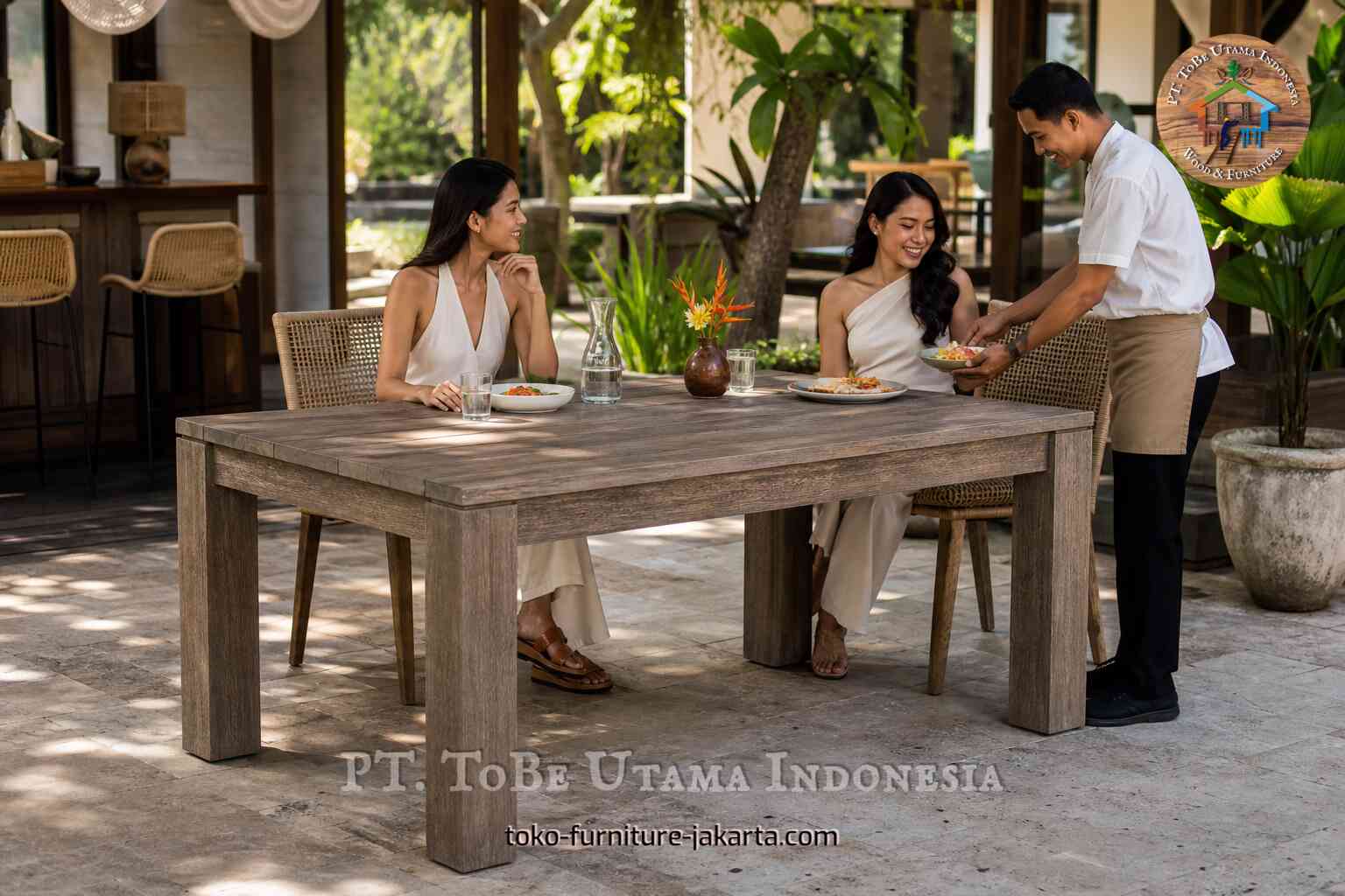 Dark wood dining table serving guests at an outdoor cafe
