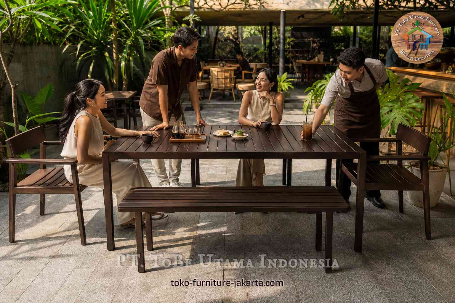 Set meja makan luar ruangan berwarna gelap dengan bangku dan kursi di kafe taman.
