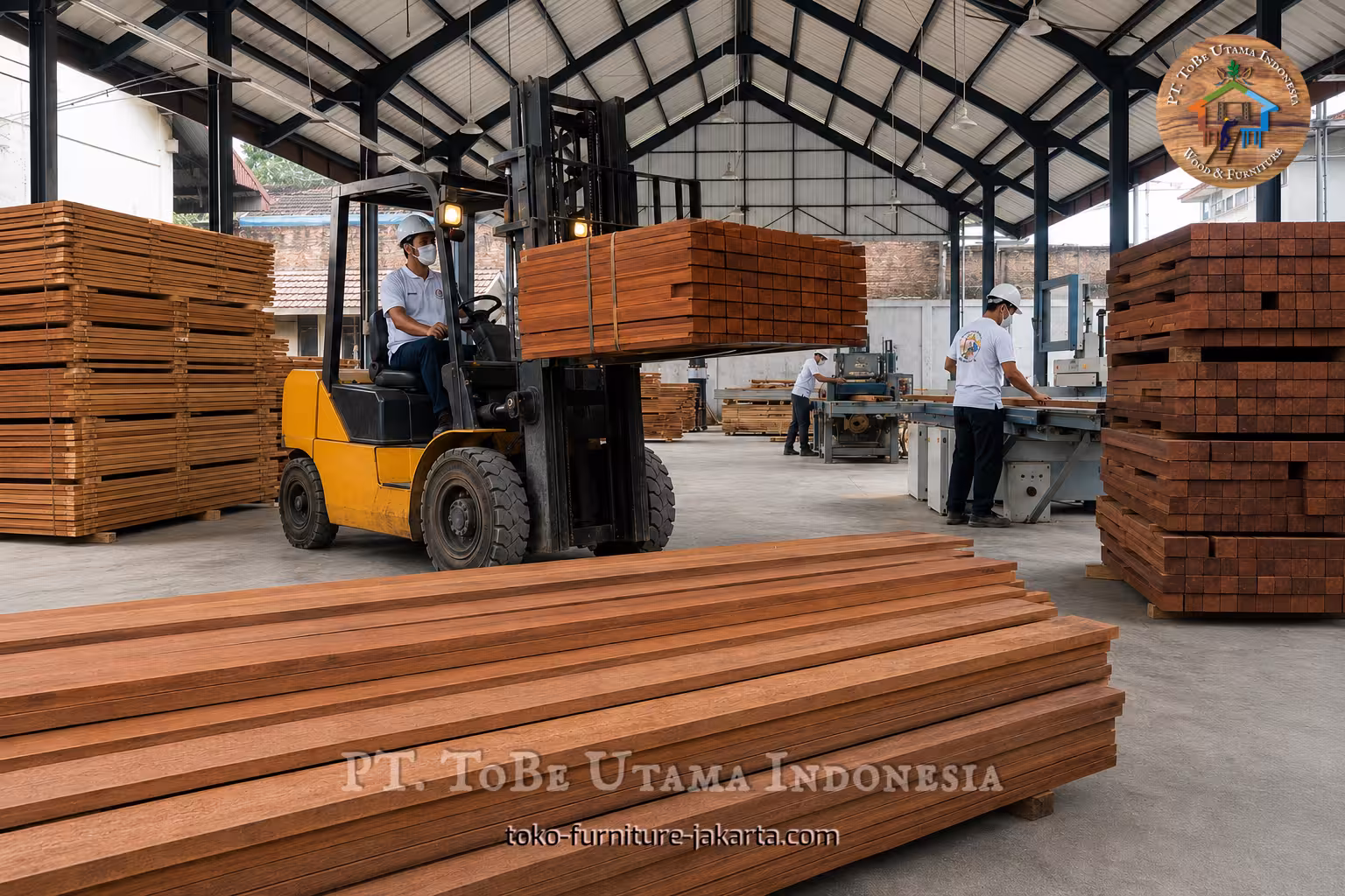 Stacks of wood planks being moved by forklift in a workshop