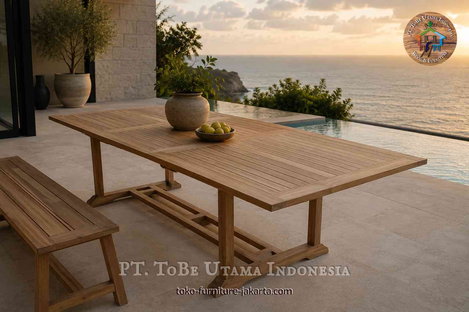 Meja makan kayu dengan bangku di teras dengan pemandangan laut.