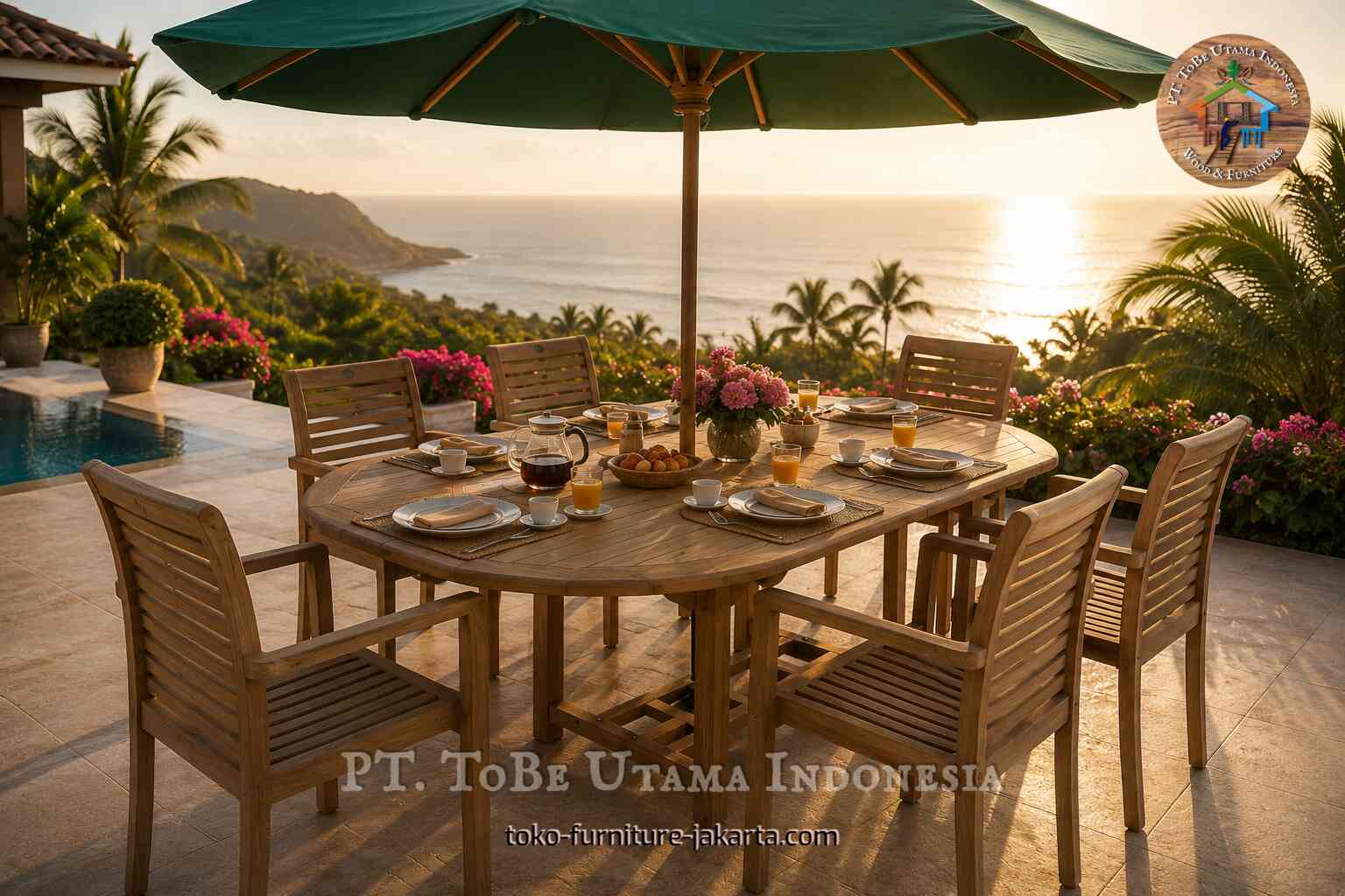 Oval wood dining table with chairs on an ocean-view terrace