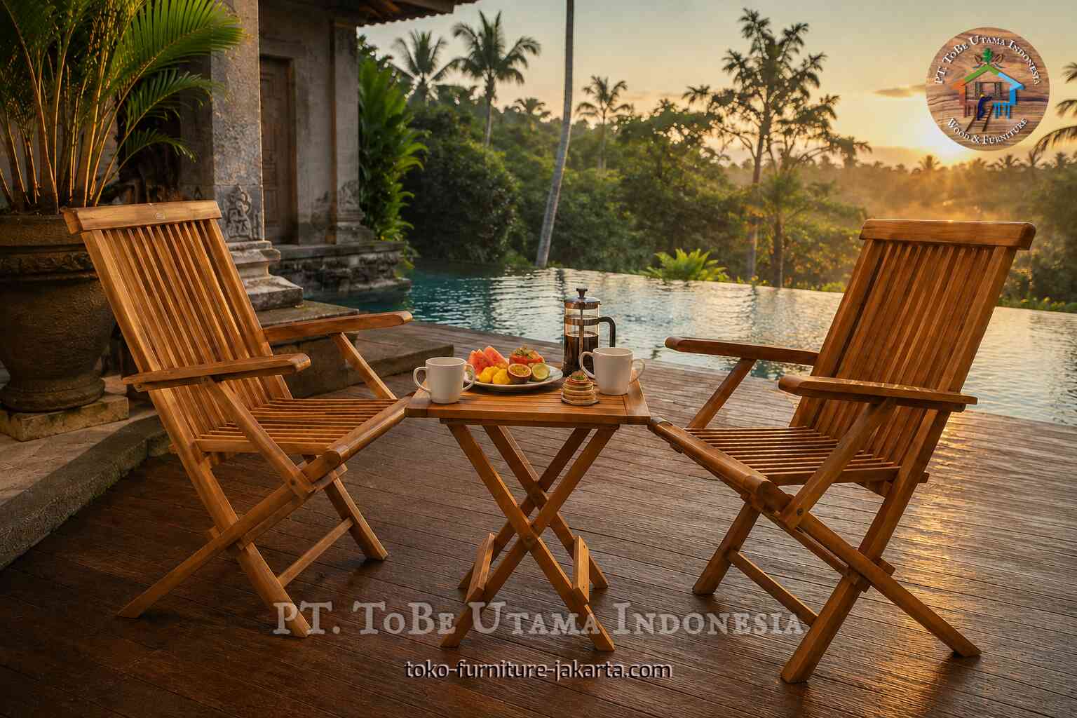 Pair of wood folding armchairs with a small table by a pool