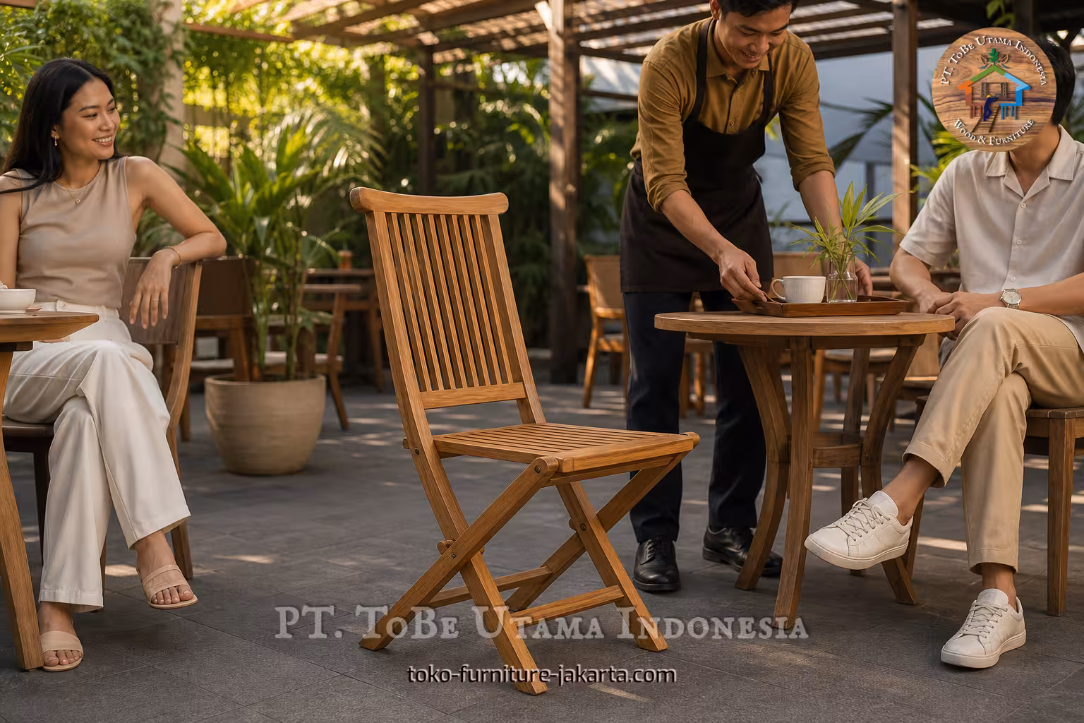 Kursi lipat kayu alami di lingkungan kafe luar ruangan.