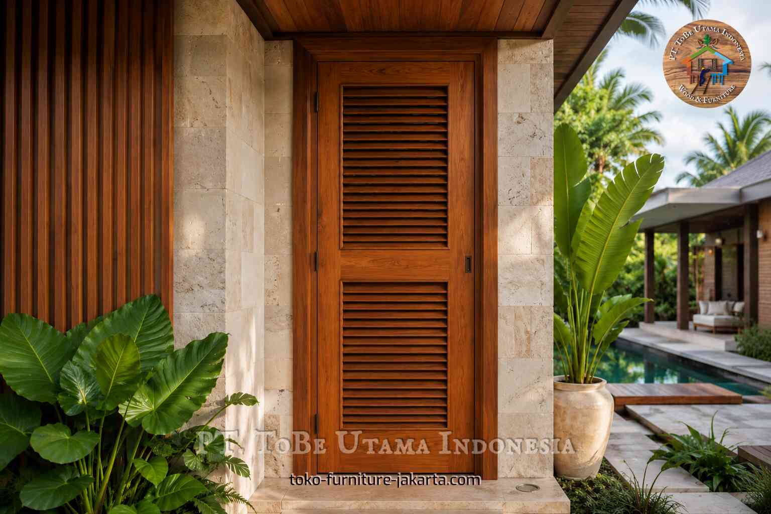 Pintu berpanel kayu dengan finishing kayu terpasang pada dinding eksterior batu.