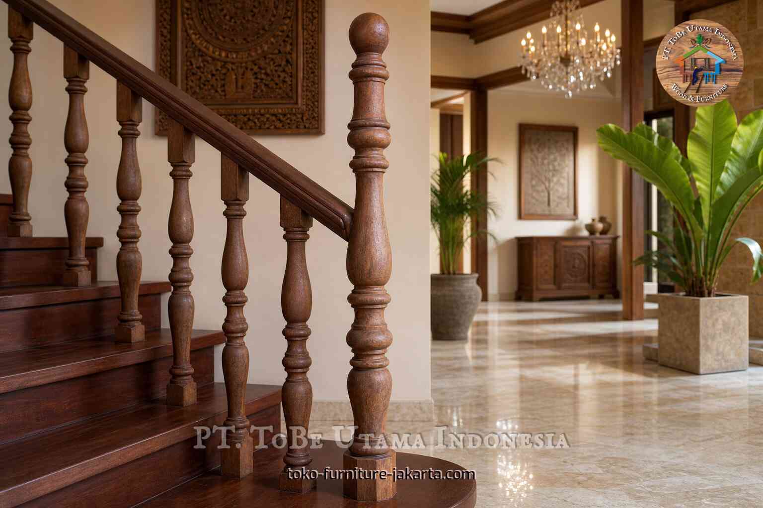 Dark wood stair railing with shaped balusters in an interior hall