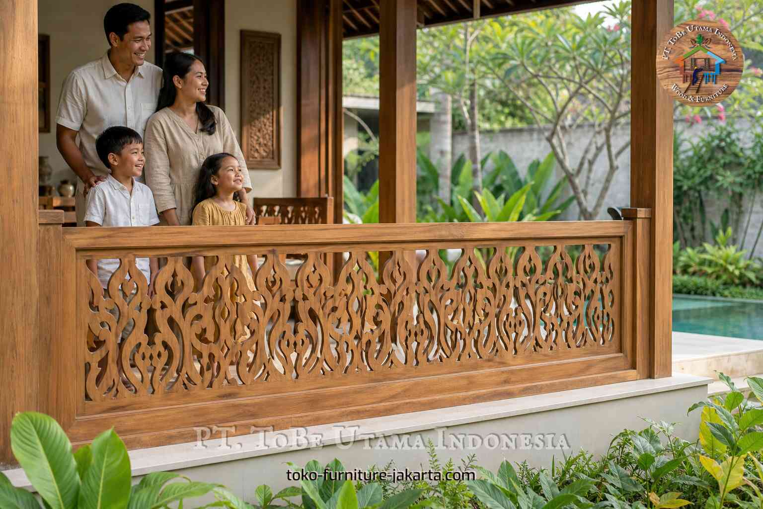 Panel pagar beranda kayu dekoratif di samping taman kolam renang.