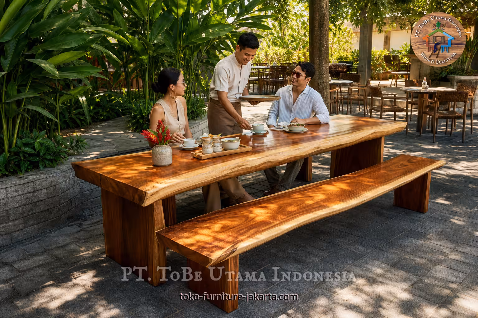 Long wood dining table and bench with natural edges at an outdoor cafe