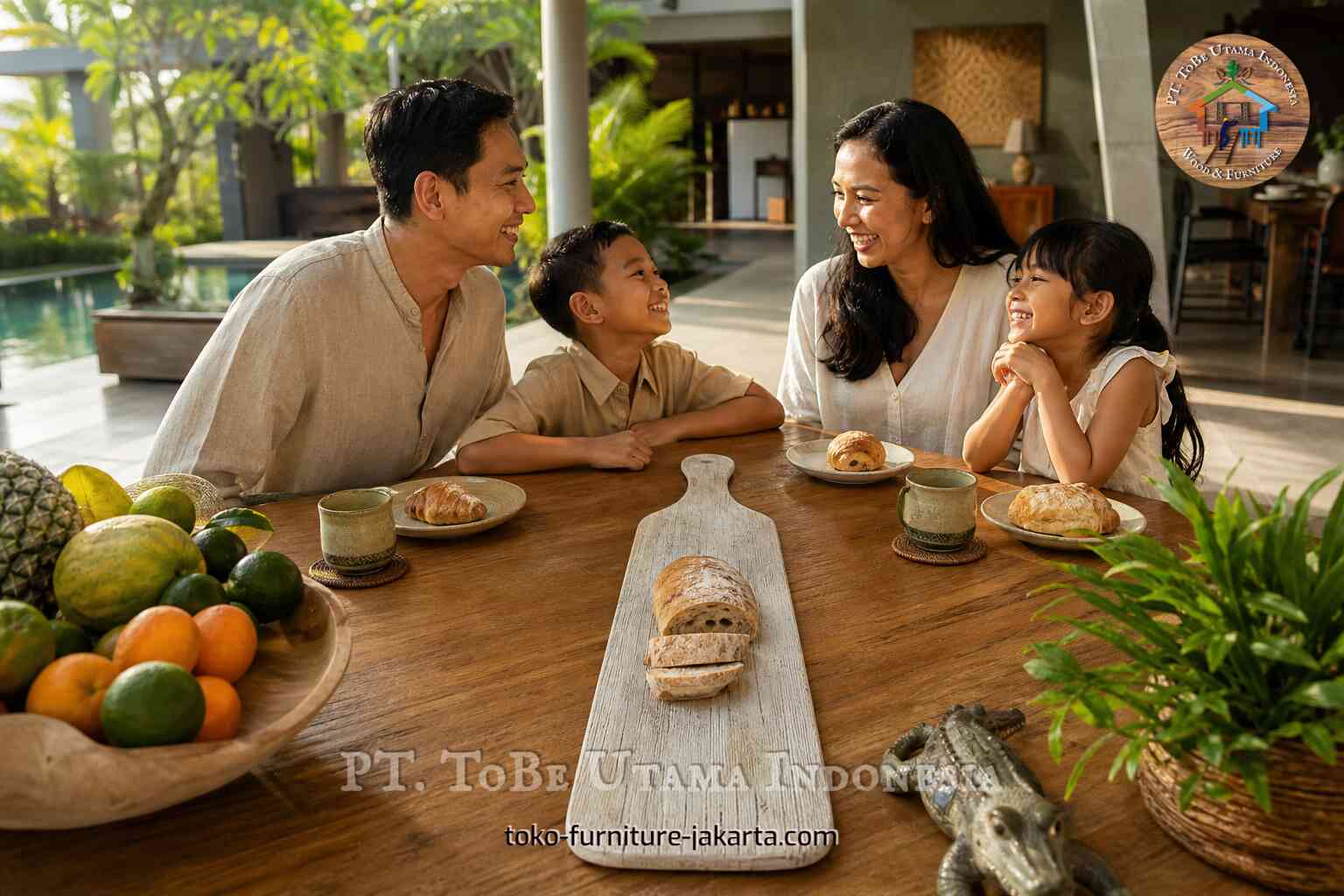 Papan roti panjang dari kayu berwarna pucat dengan roti yang sudah diiris di atas meja makan keluarga.