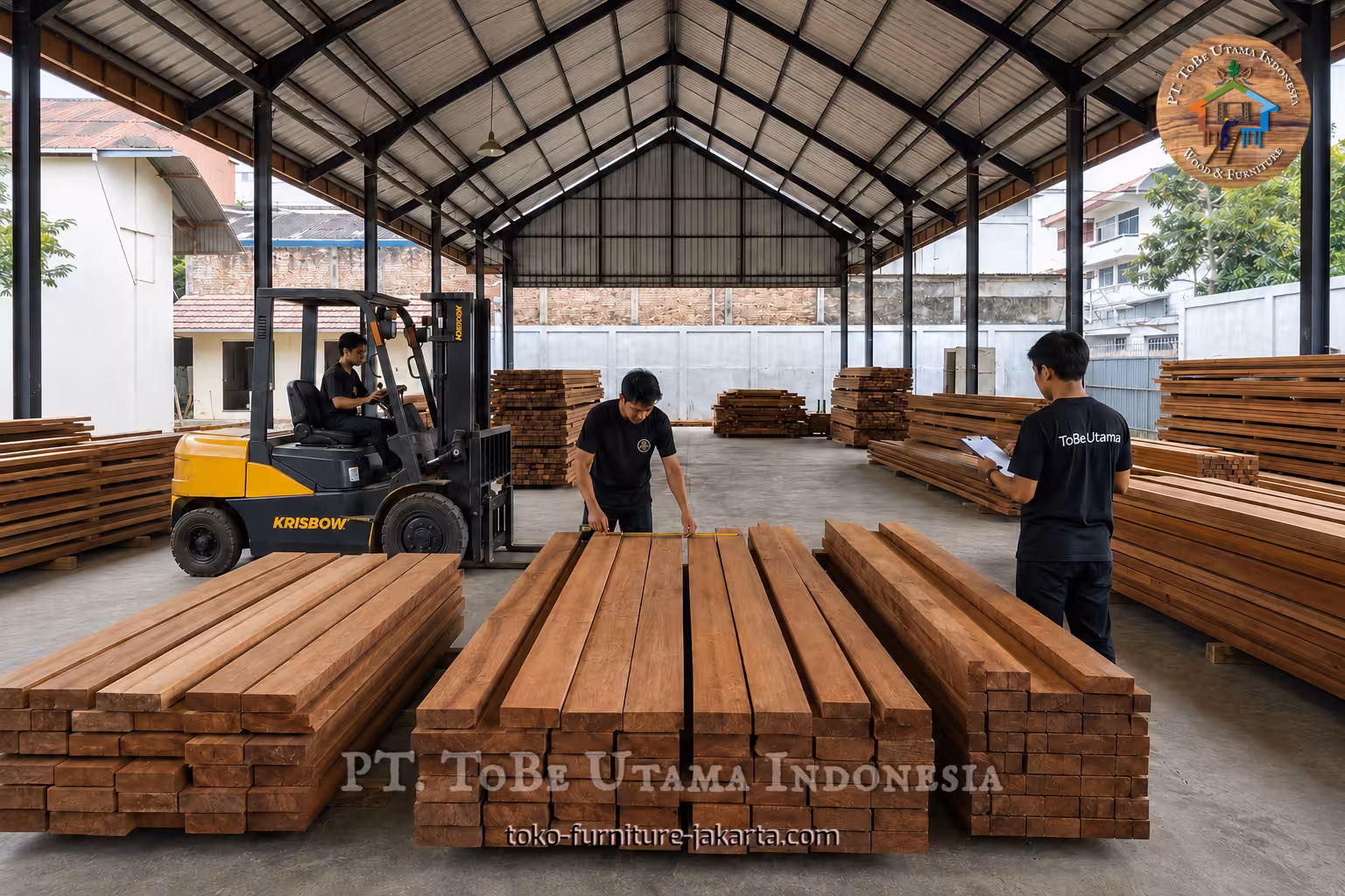 Tumpukan papan kayu sedang diukur dan diperiksa di dalam gudang tertutup.