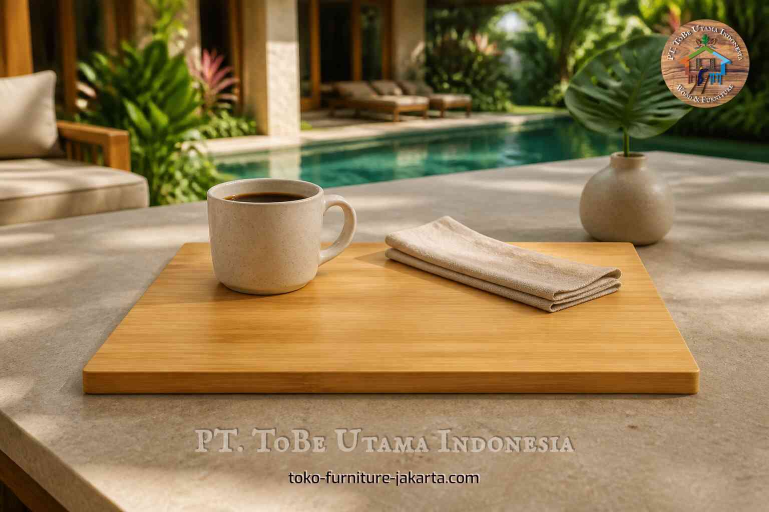 Light wood coffee placemat with a cup and folded napkin beside a pool