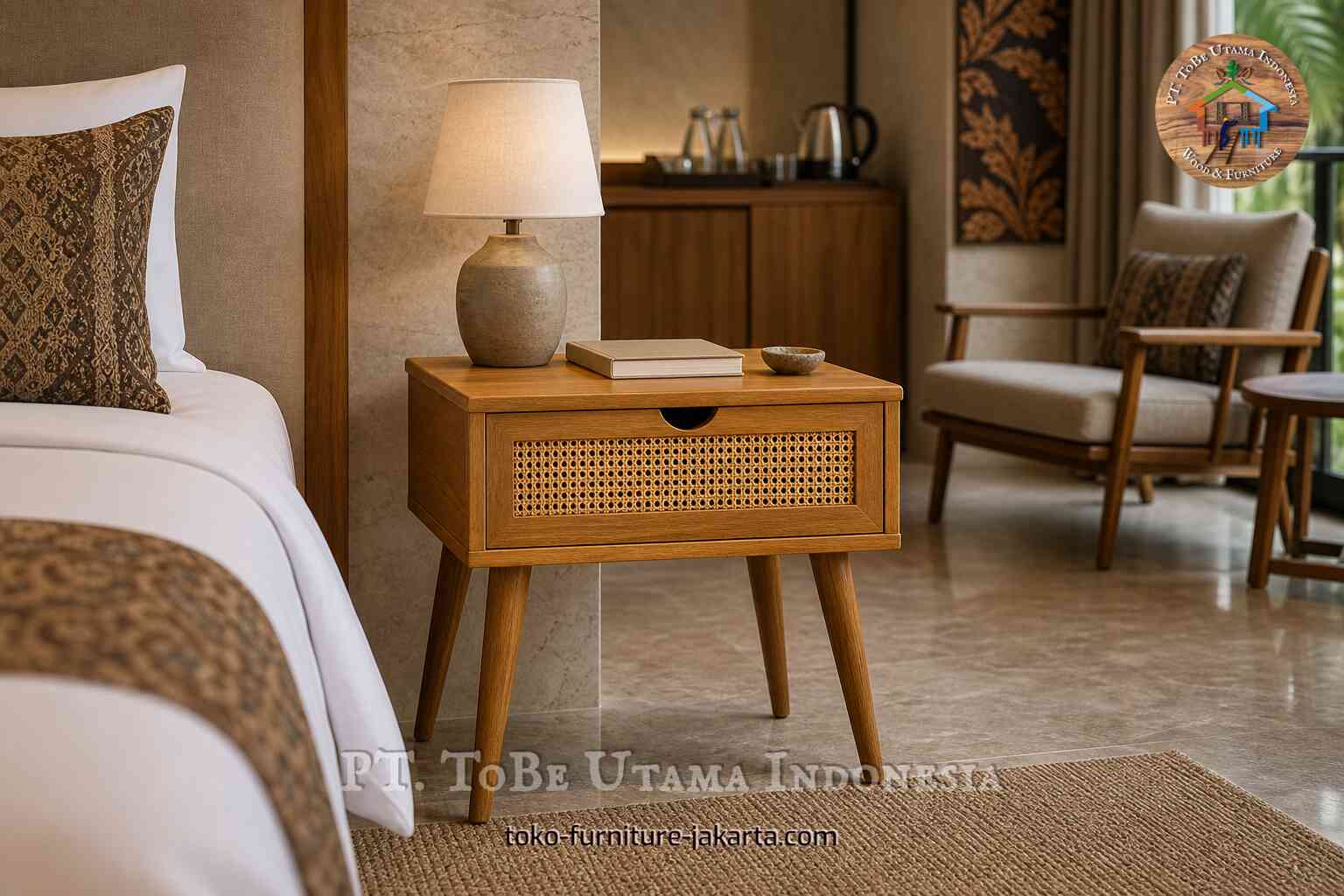 Wood bedside table with woven drawer front and lamp in a hotel room