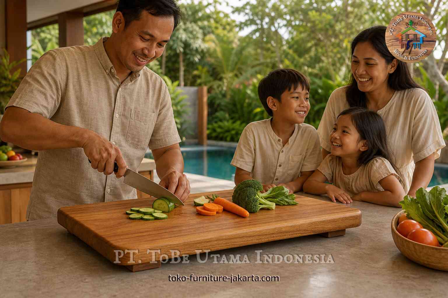 Talenan kayu yang ditinggikan digunakan untuk mengiris sayuran di samping kolam renang.