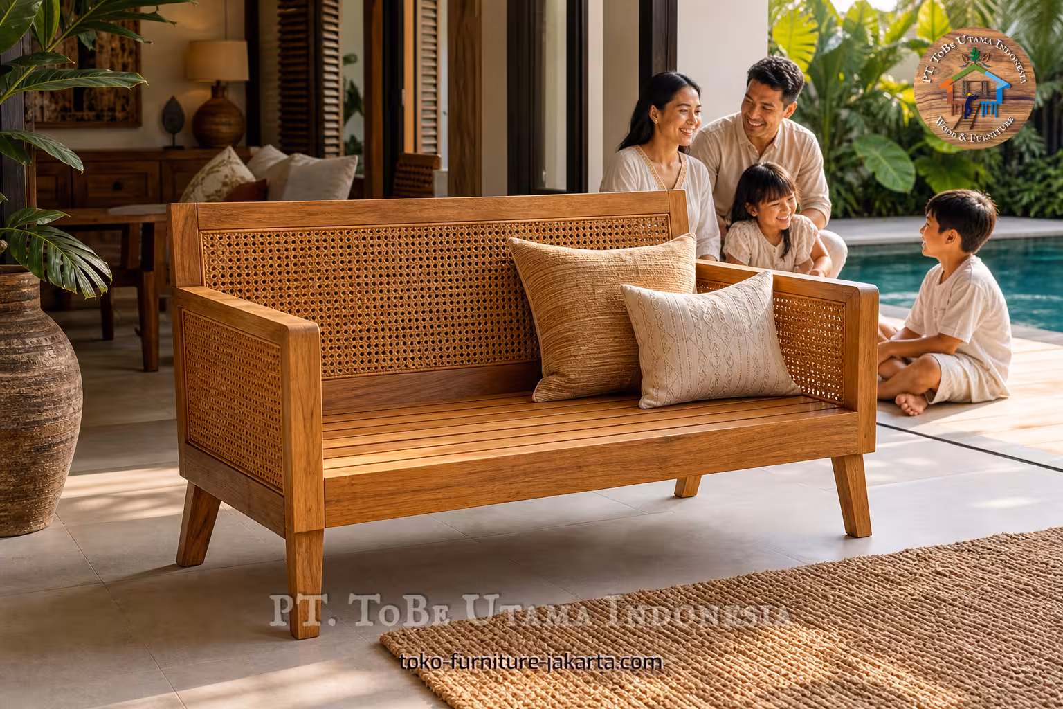 Bangku santai kayu dengan panel rotan dan bantal di samping area keluarga di tepi kolam renang.