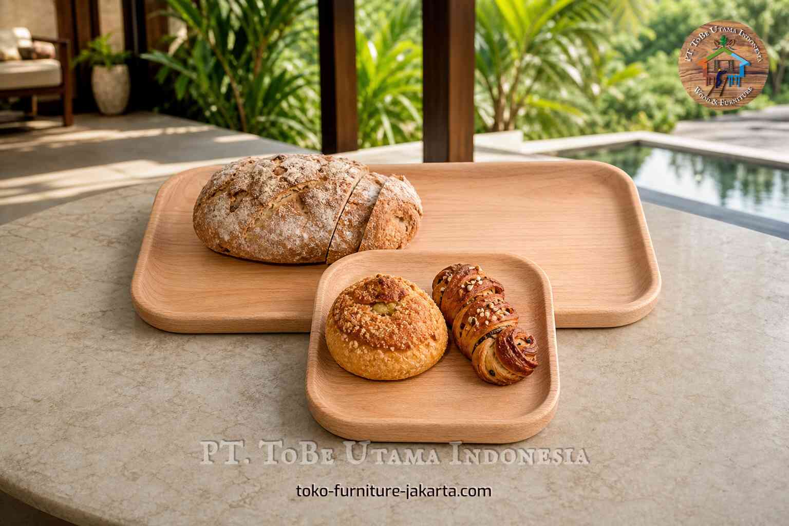 Dua tatakan makanan kayu ringan berisi roti dan kue-kue di dekat kolam renang.