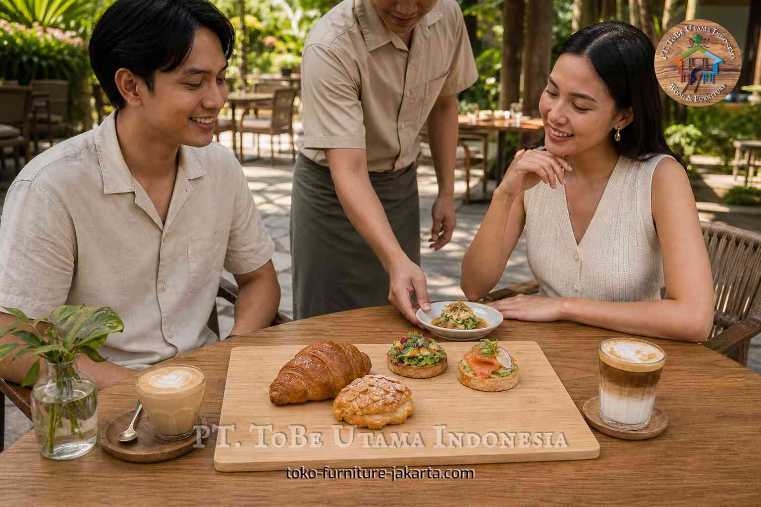Light wood food placemat with pastries and small plates at an outdoor cafe