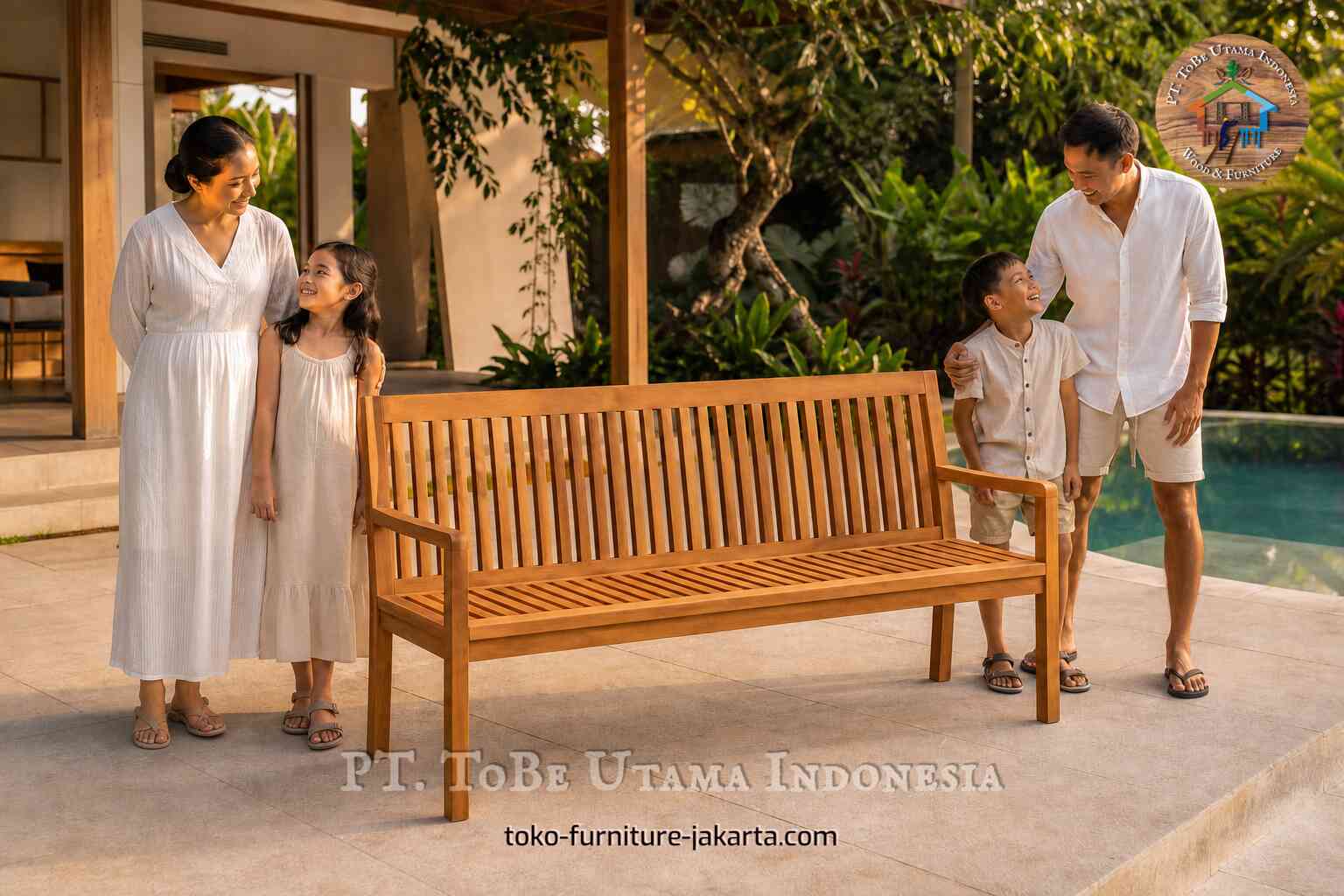 Wooden garden bench on a poolside patio with a family standing nearby