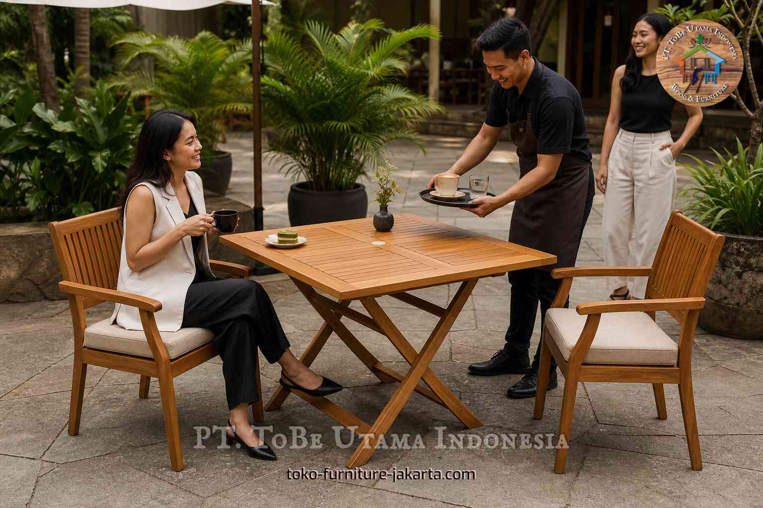 Meja lipat taman bergaya kayu di lingkungan kafe luar ruangan dengan tamu dan kursi.