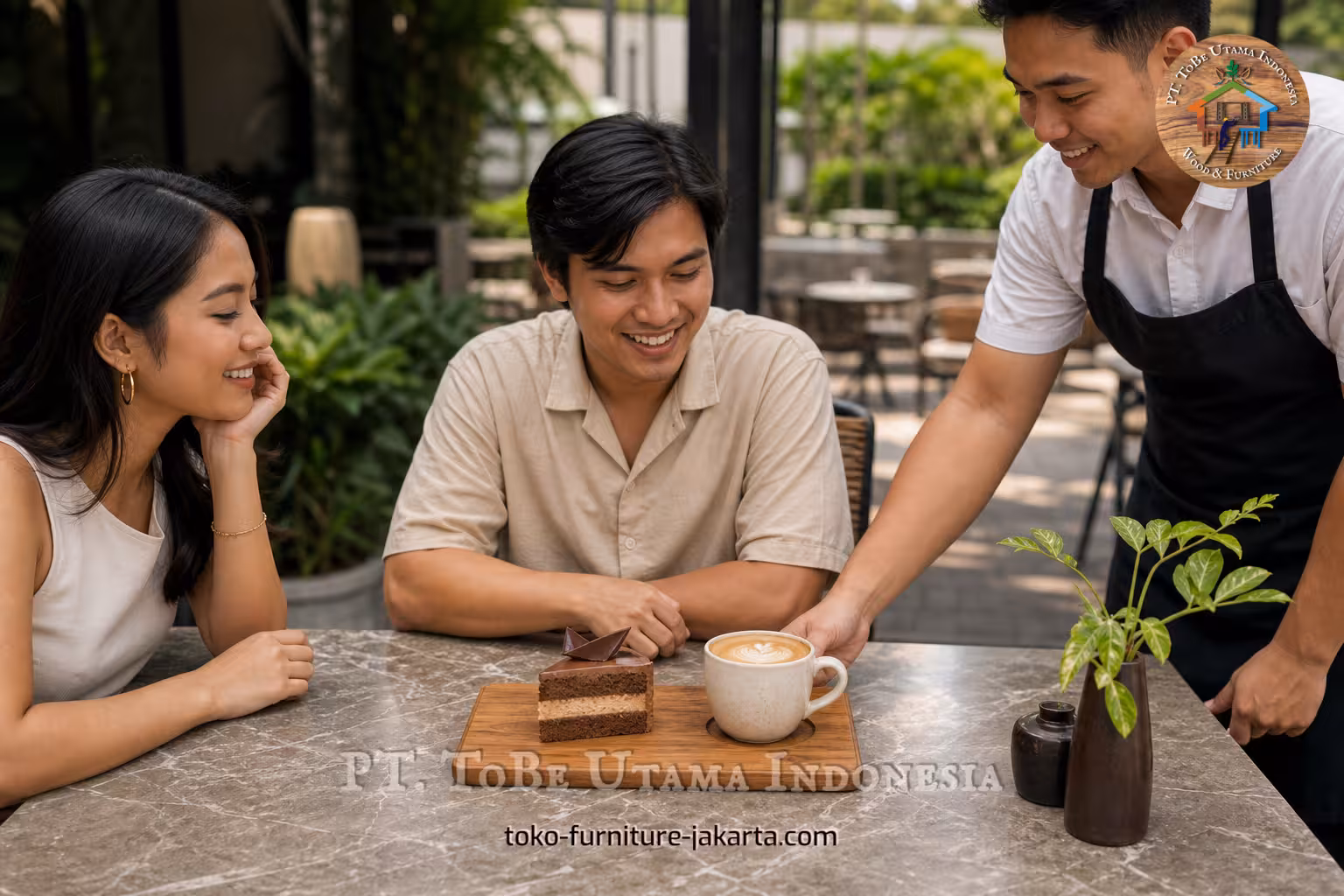 Tatakan gelas bundar di bawah cangkir latte yang disajikan bersama kue kepada para tamu di meja kafe luar ruangan.