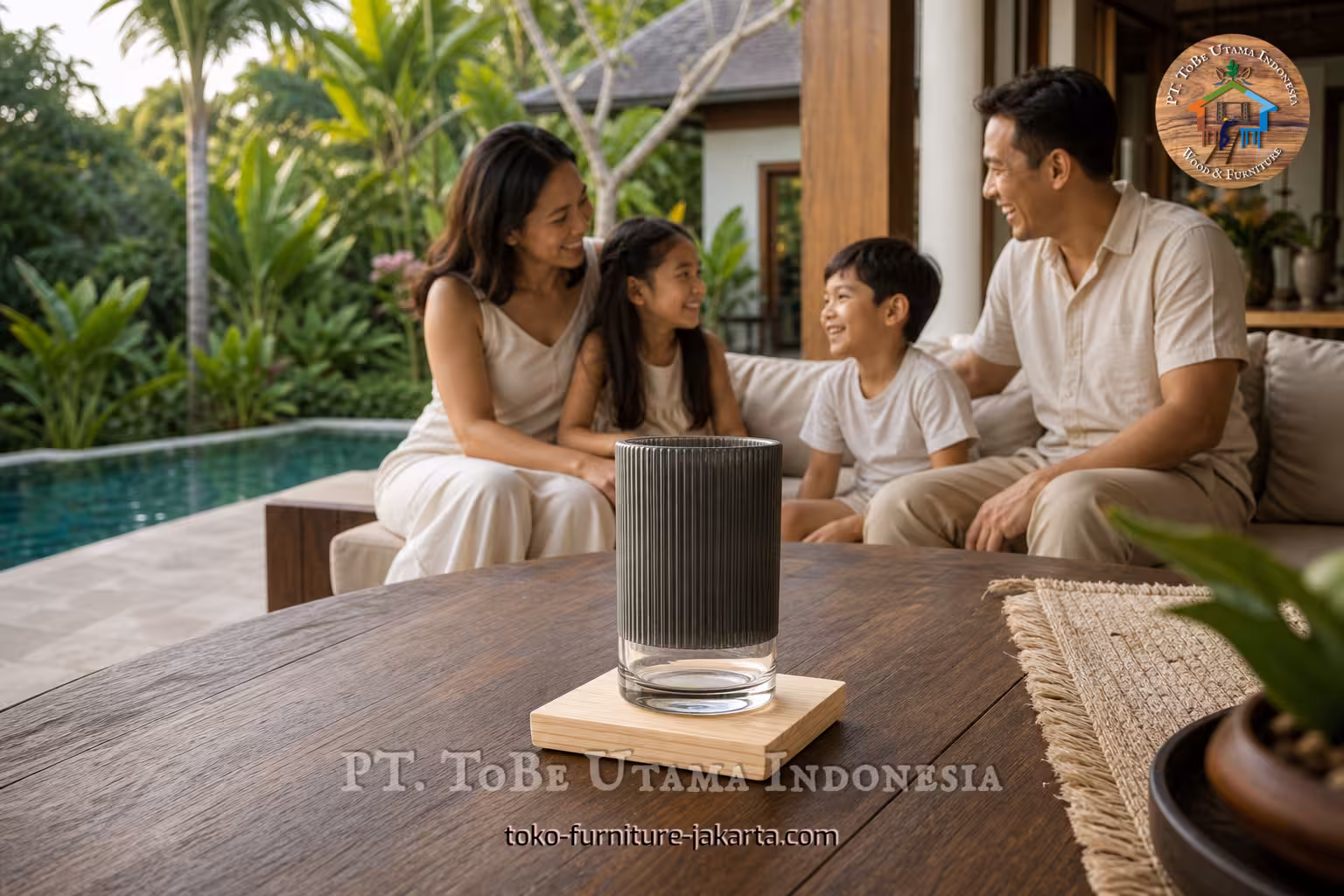 Ribbed glass vessel on a square mat on a wooden table beside a poolside lounge