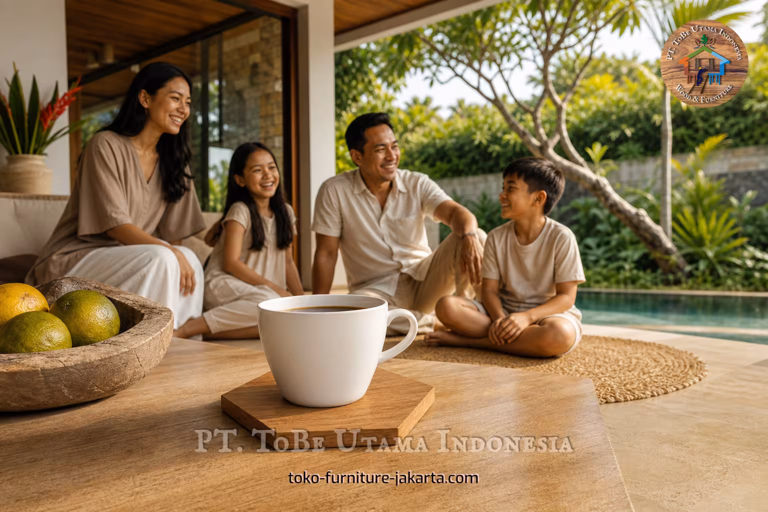 Cangkir kopi putih di atas tatakan kayu heksagonal di meja teras dekat kolam renang.
