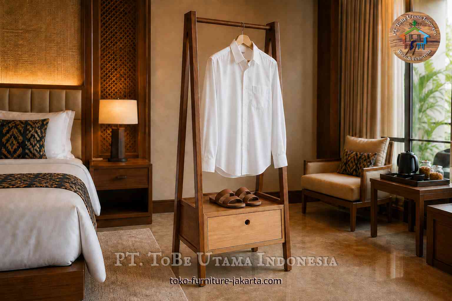 Kemeja putih di gantungan kayu dengan sandal di kamar hotel yang hangat.