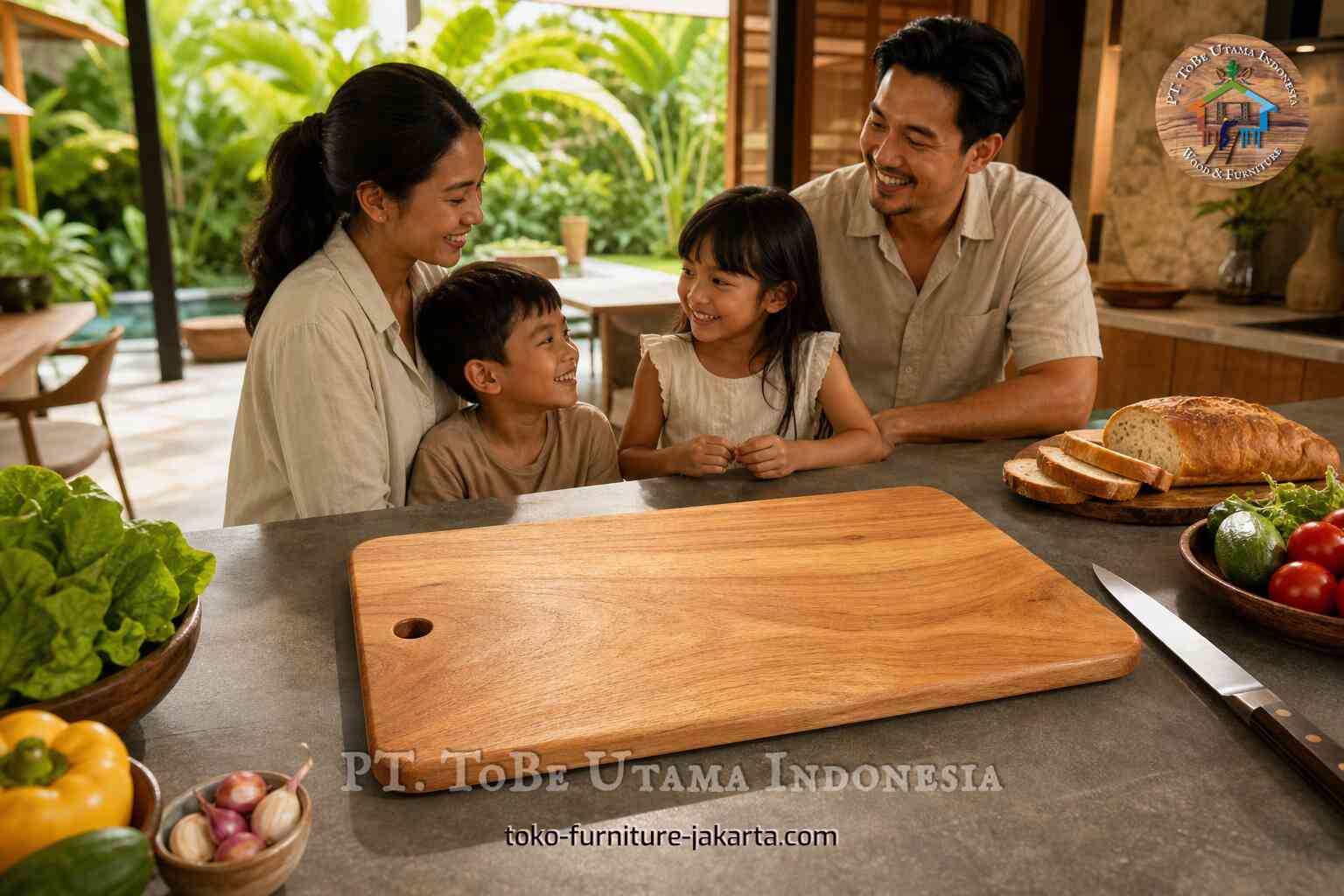 Talenan kayu di atas meja dapur dengan sayuran, roti, pisau, dan sebuah keluarga yang tersenyum di belakangnya.