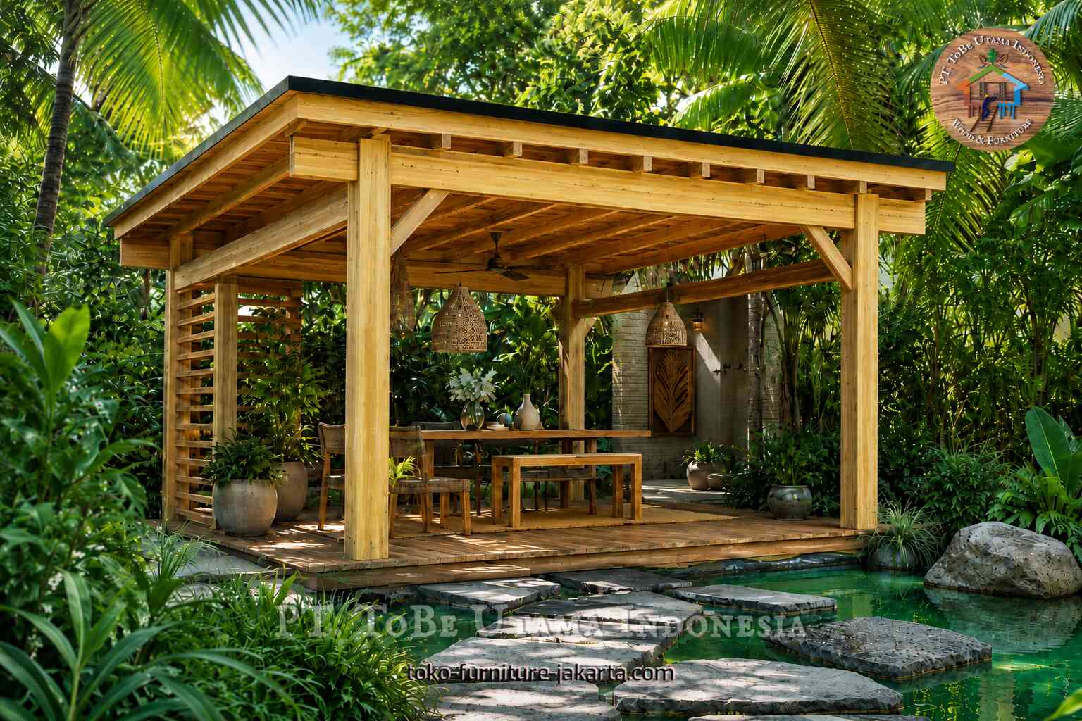 Wooden garden pavilion beside a pond, surrounded by tropical palms and lush greenery