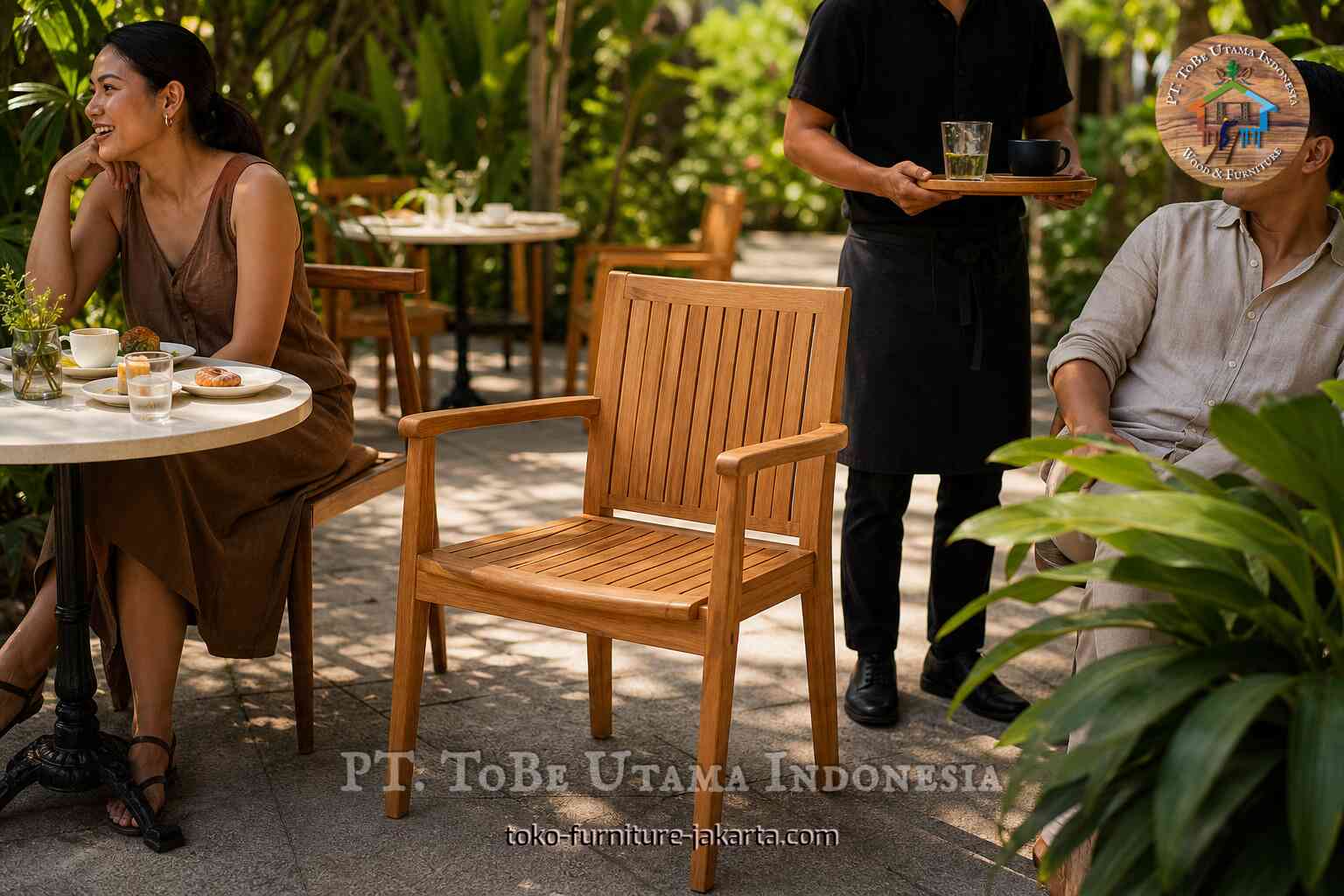 Wood-finish outdoor armchair with slatted seat in a cafe garden
