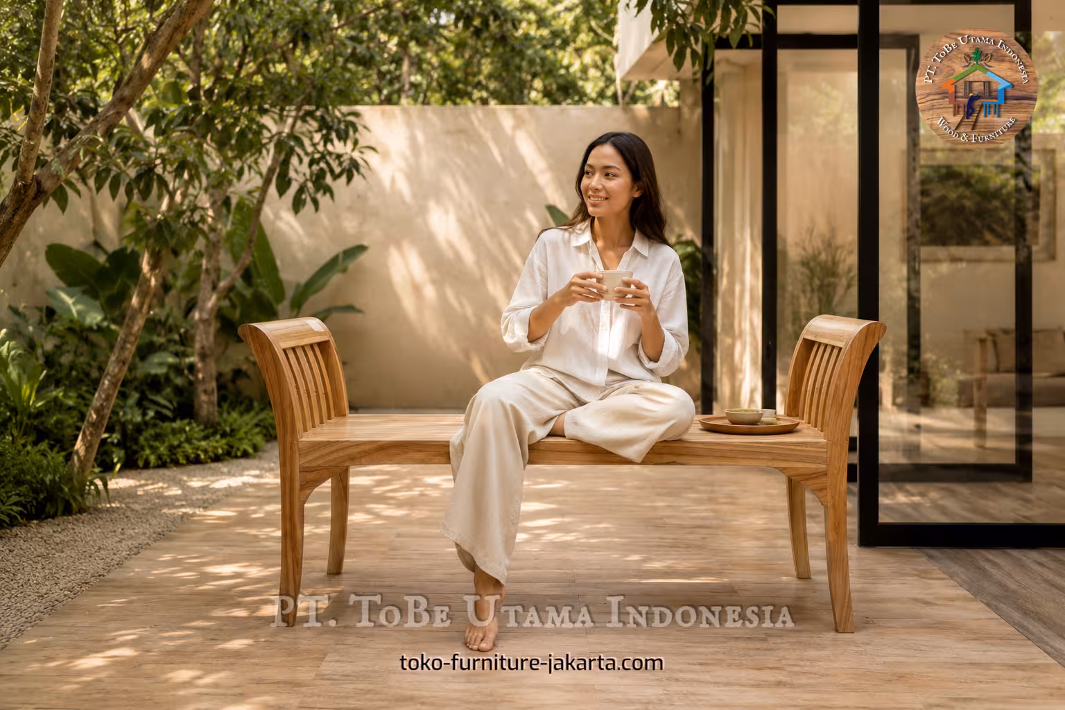 Woman seated on a curved wooden terrace bench in a lush garden patio