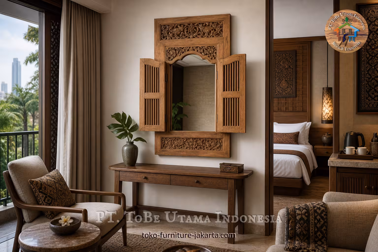 Cermin berbingkai kayu dengan panel samping di atas konsol di kamar hotel yang hangat.