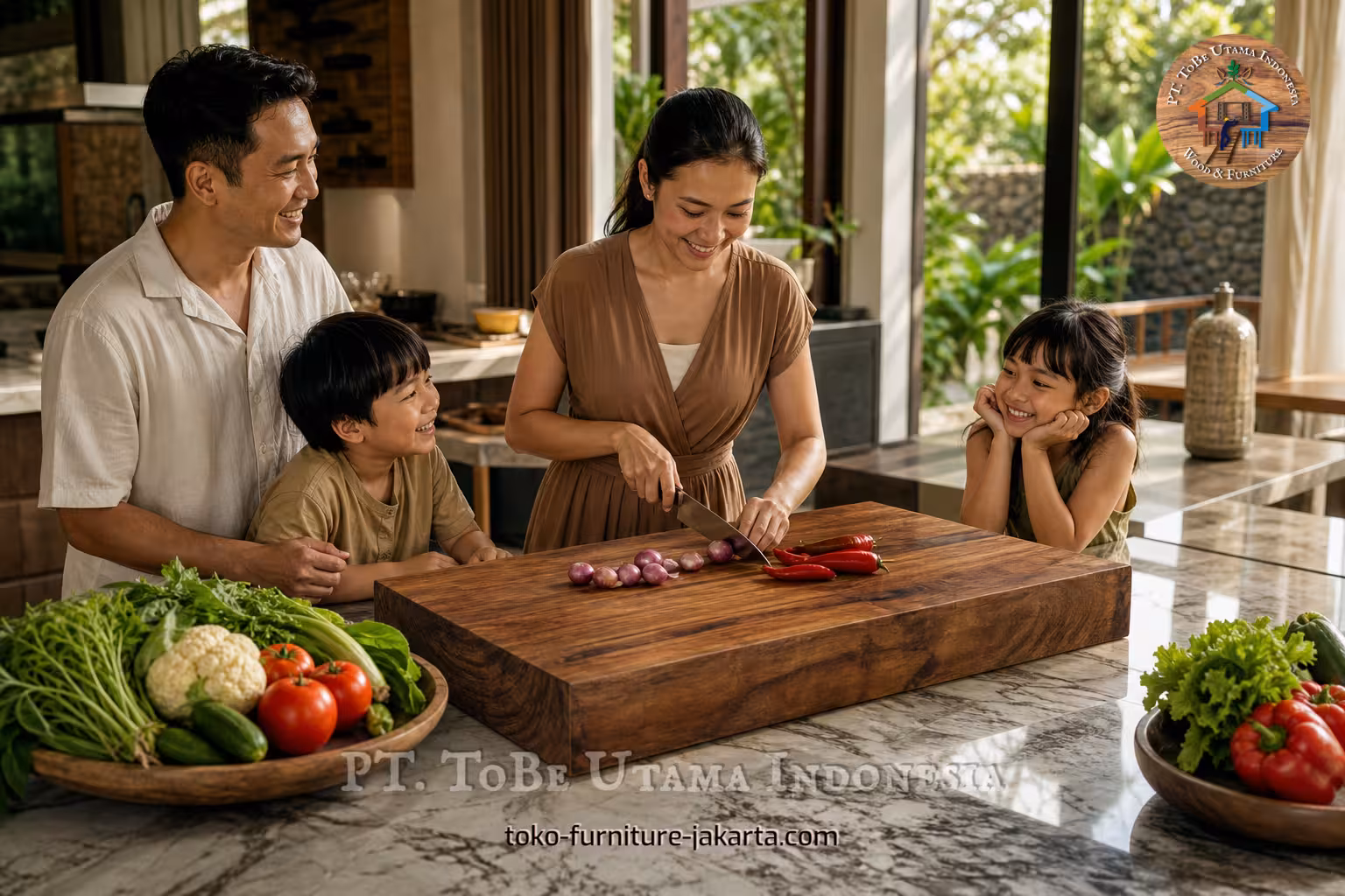 Sebuah keluarga sedang menyiapkan sayuran di atas talenan kayu tebal di dapur yang terang.
