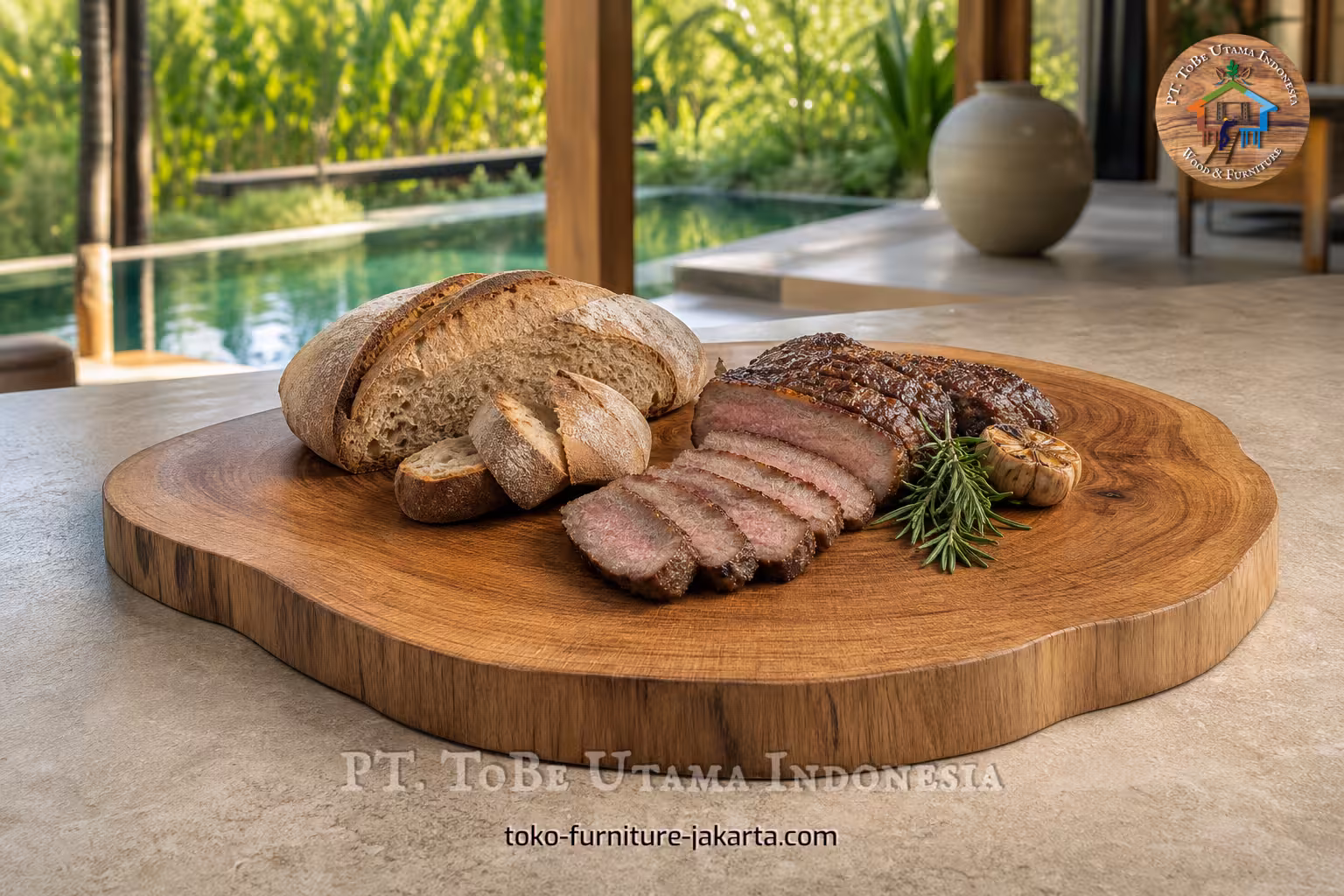 Talenan kayu alami dengan irisan daging sapi panggang, roti, rosemary, dan bawang putih di tepi kolam renang.