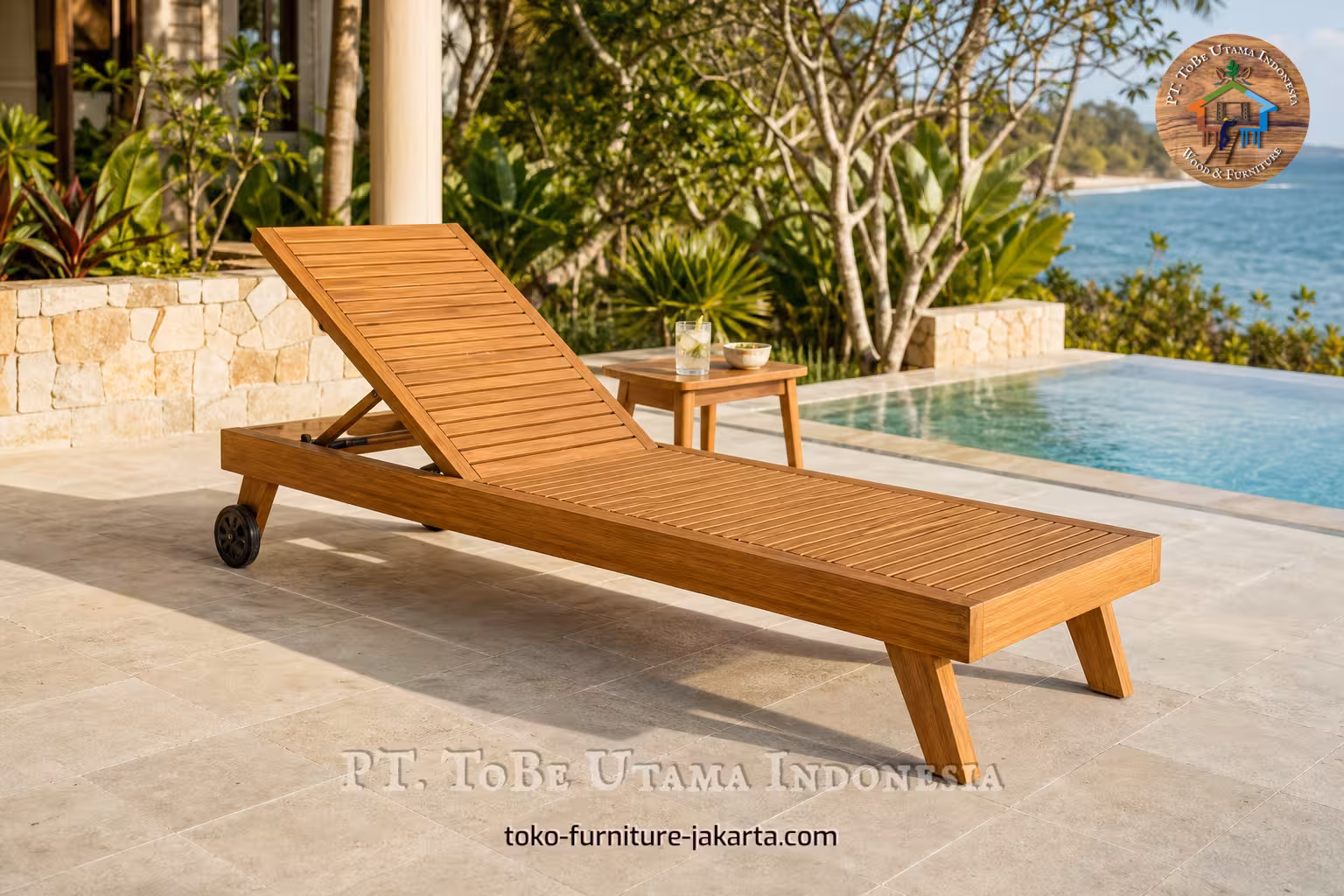 Adjustable sun lounger with wheels on a poolside terrace overlooking the ocean