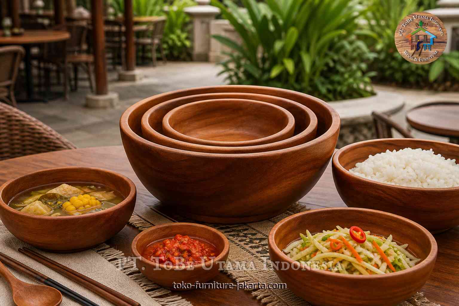 Mangkuk kayu bertumpuk berisi nasi, sup, saus, dan salad di atas meja makan dengan tanaman hijau di belakangnya.