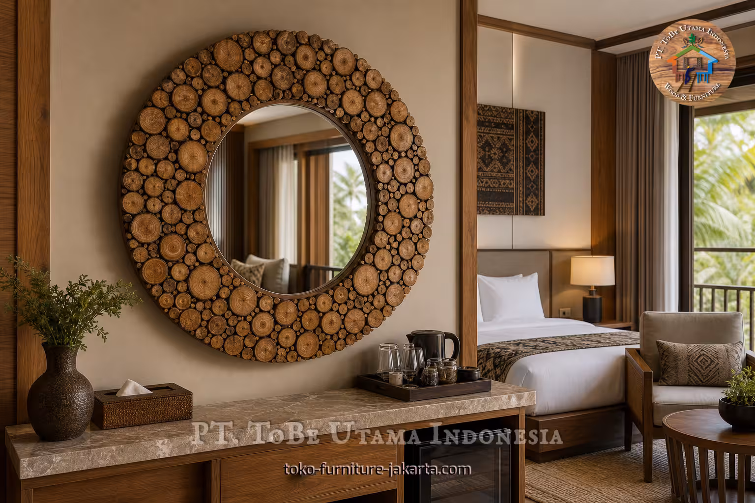 Cermin oval dengan bingkai bergaya serpihan kayu di atas meja konsol di kamar hotel yang hangat.