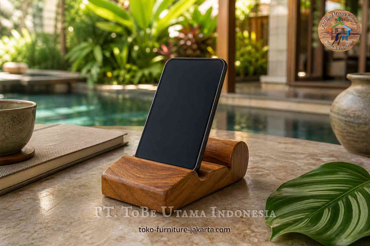 Dudukan telepon kayu menopang ponsel pintar hitam di atas meja batu di samping kolam renang.