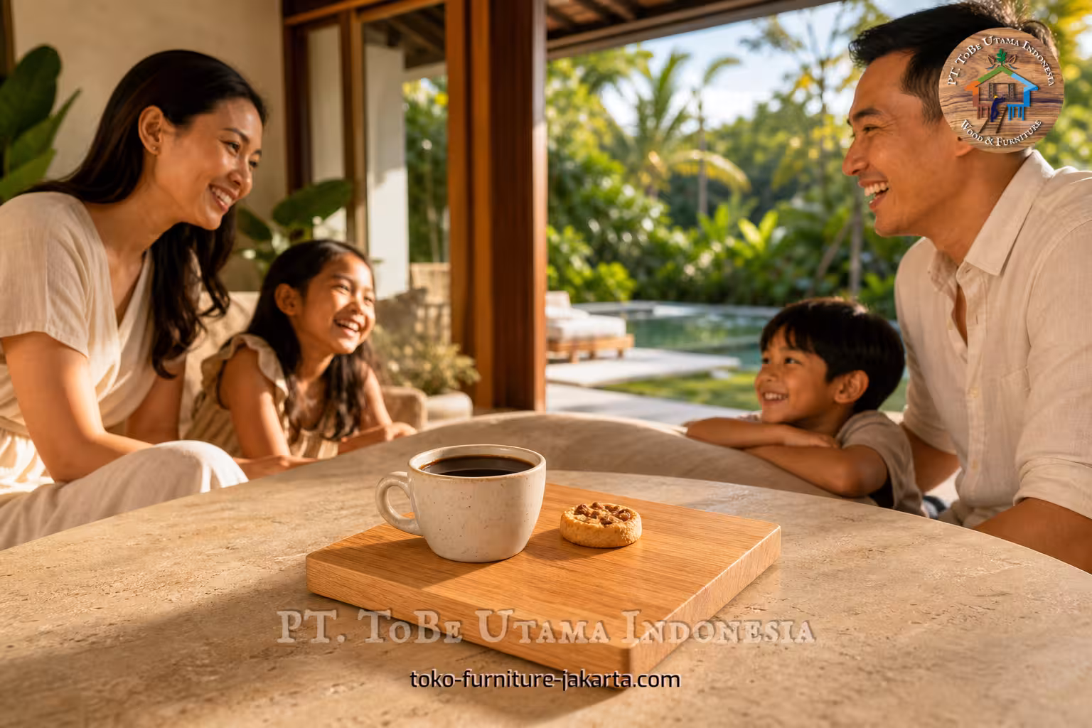 Family smiling around a coffee mug and cookie on a rectangular tray in a warm lounge