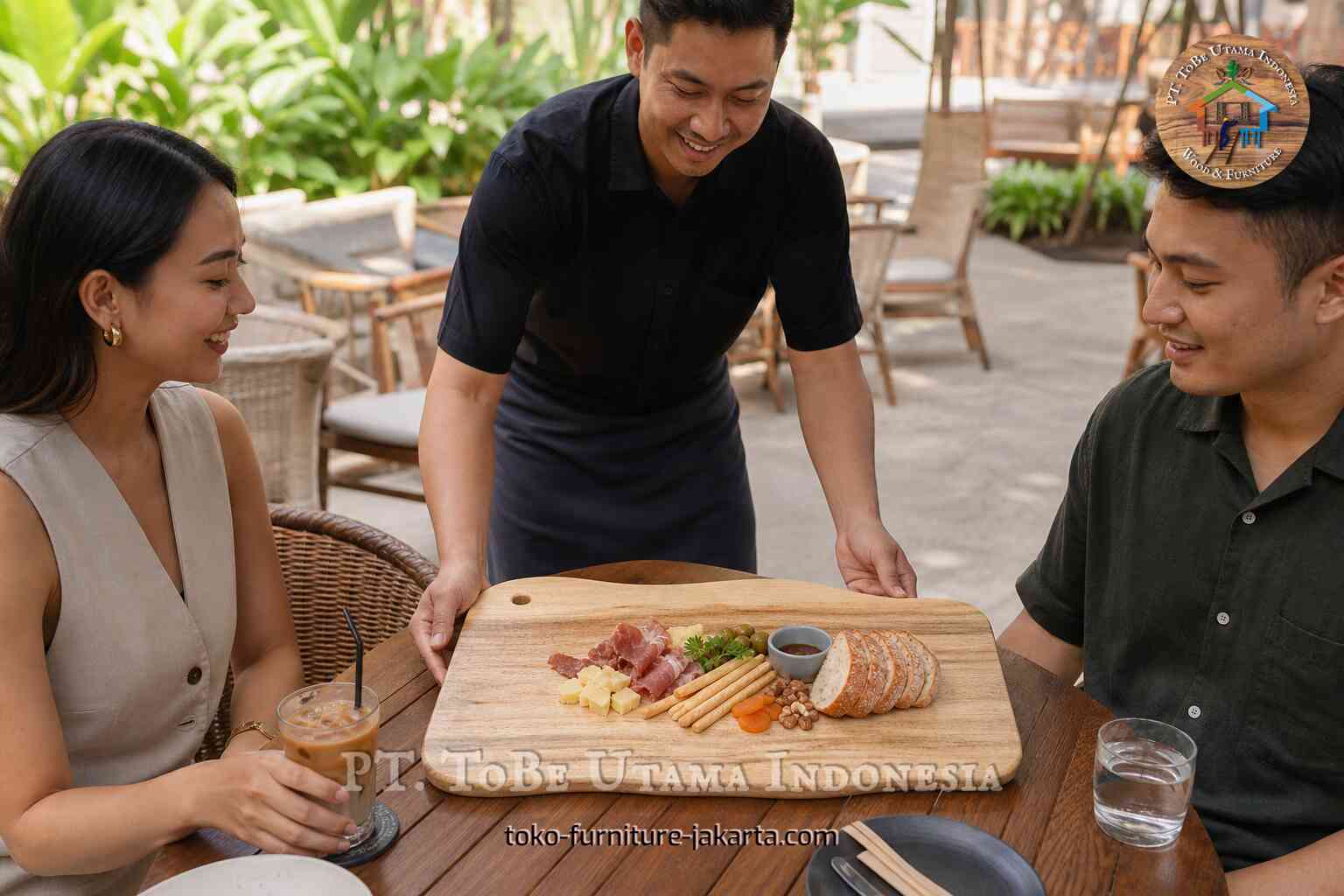 Pelayan menyajikan talenan kayu berisi aneka daging olahan kepada para tamu di meja kafe luar ruangan.