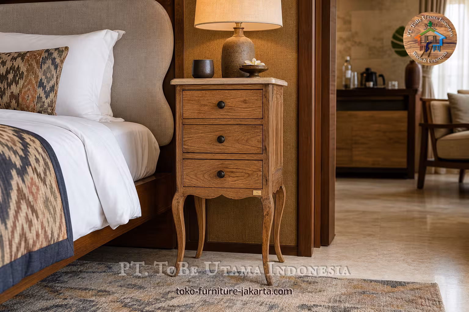 Wooden nightstand with three drawers beside a bed in a warm hotel suite
