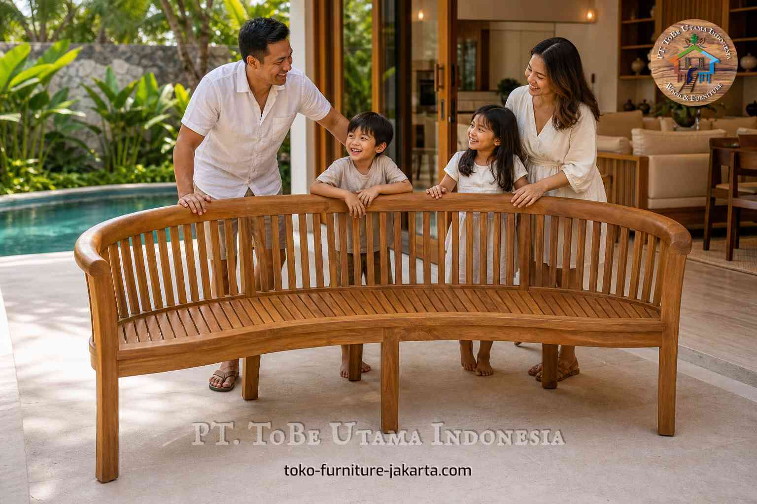 Bangku taman kayu melengkung di tepi kolam renang dengan keluarga yang tersenyum di teras.