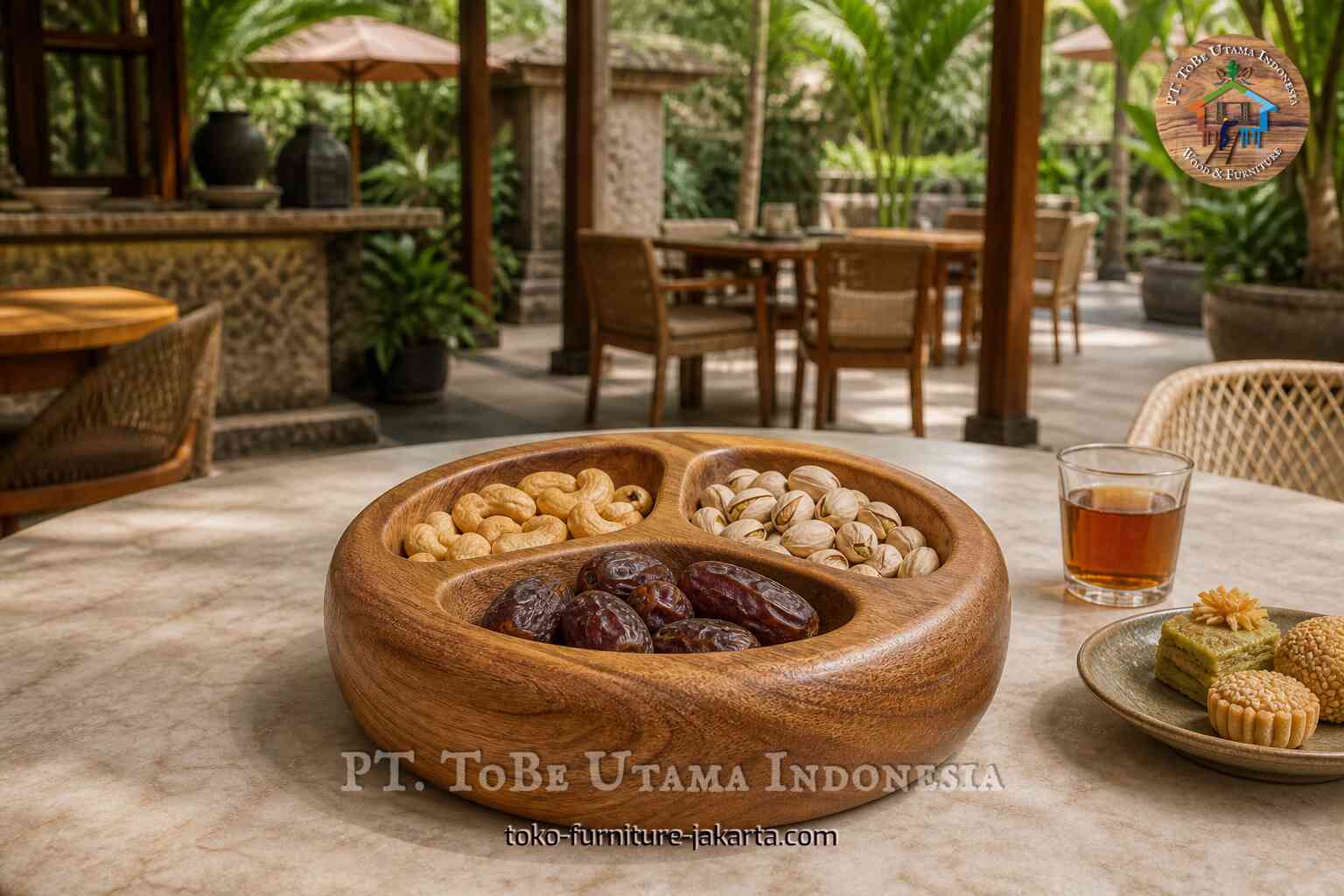 Divided wooden bowl filled with nuts and dates on a cafe table with tea nearby