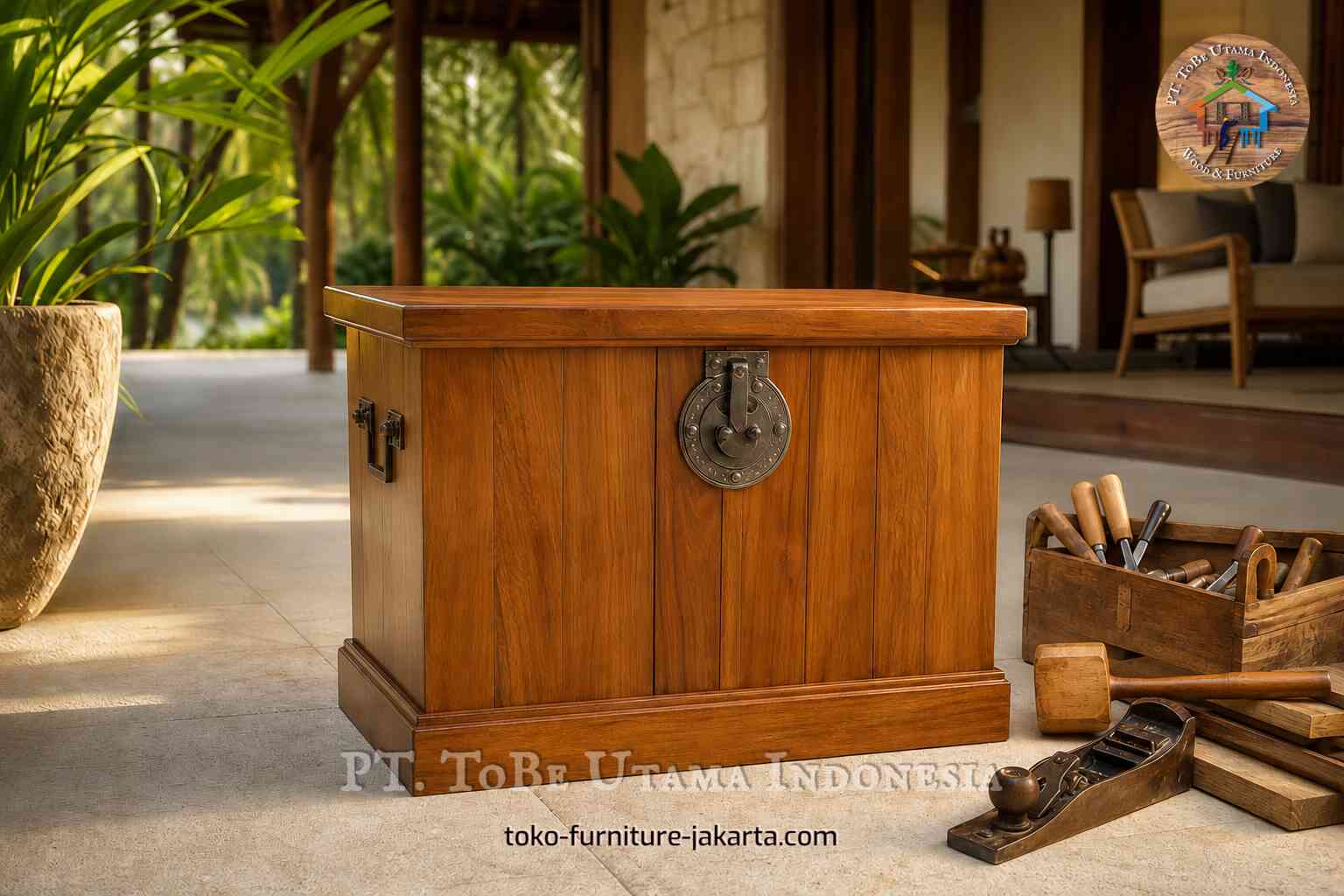 Wooden storage chest with metal latch on a sunlit veranda beside tools