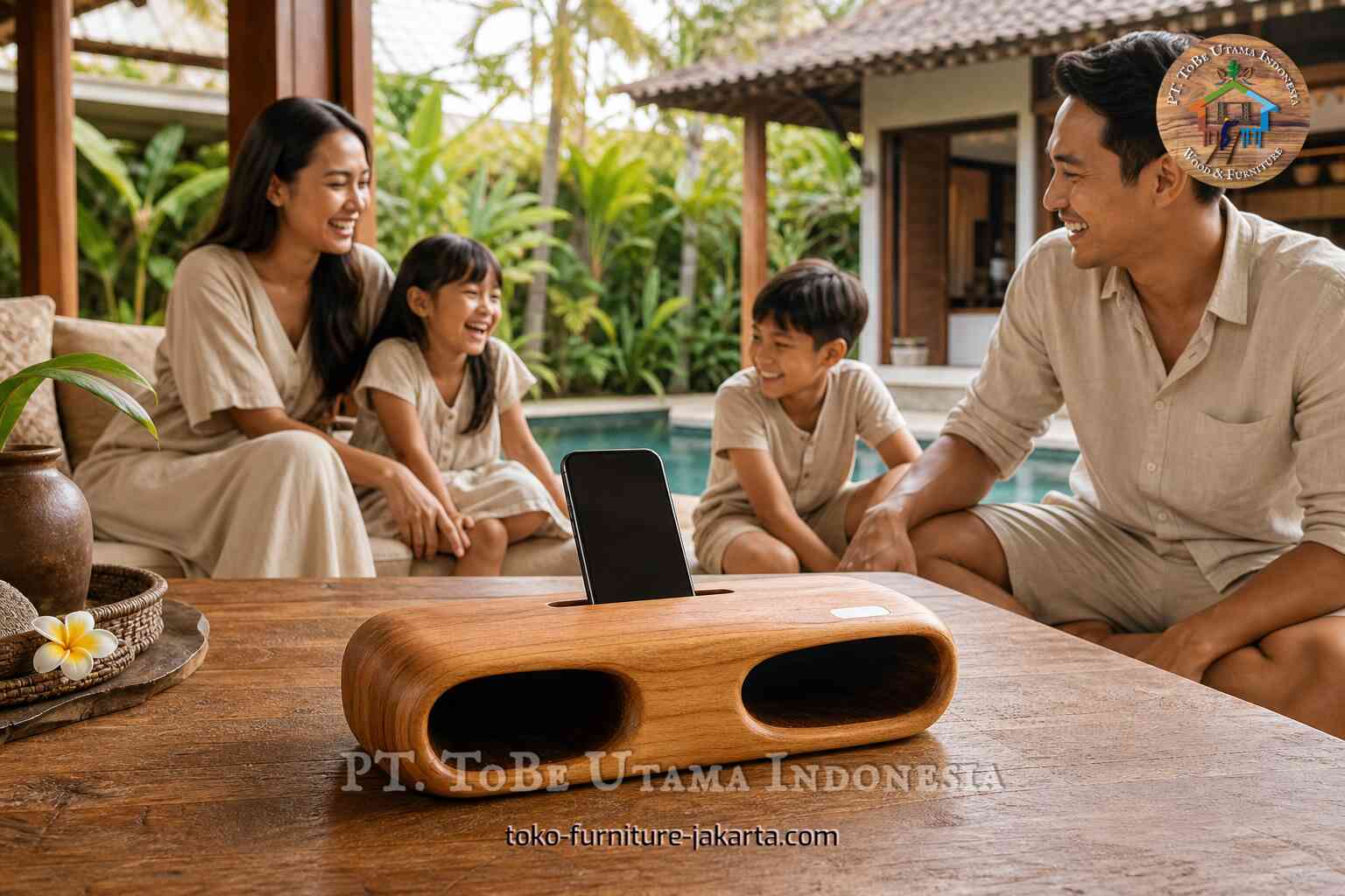 Dudukan telepon kayu dengan speaker di atas meja, dikelilingi keluarga yang tersenyum di teras tropis.
