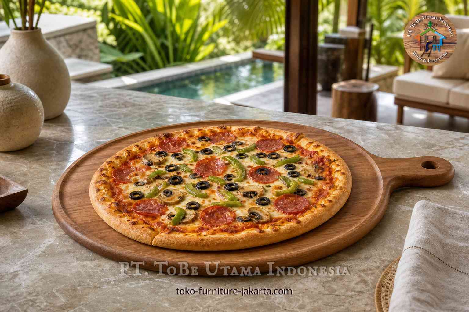Pizza pepperoni dan sayuran di atas loyang pizza kayu bundar dengan pegangan di atas meja marmer.