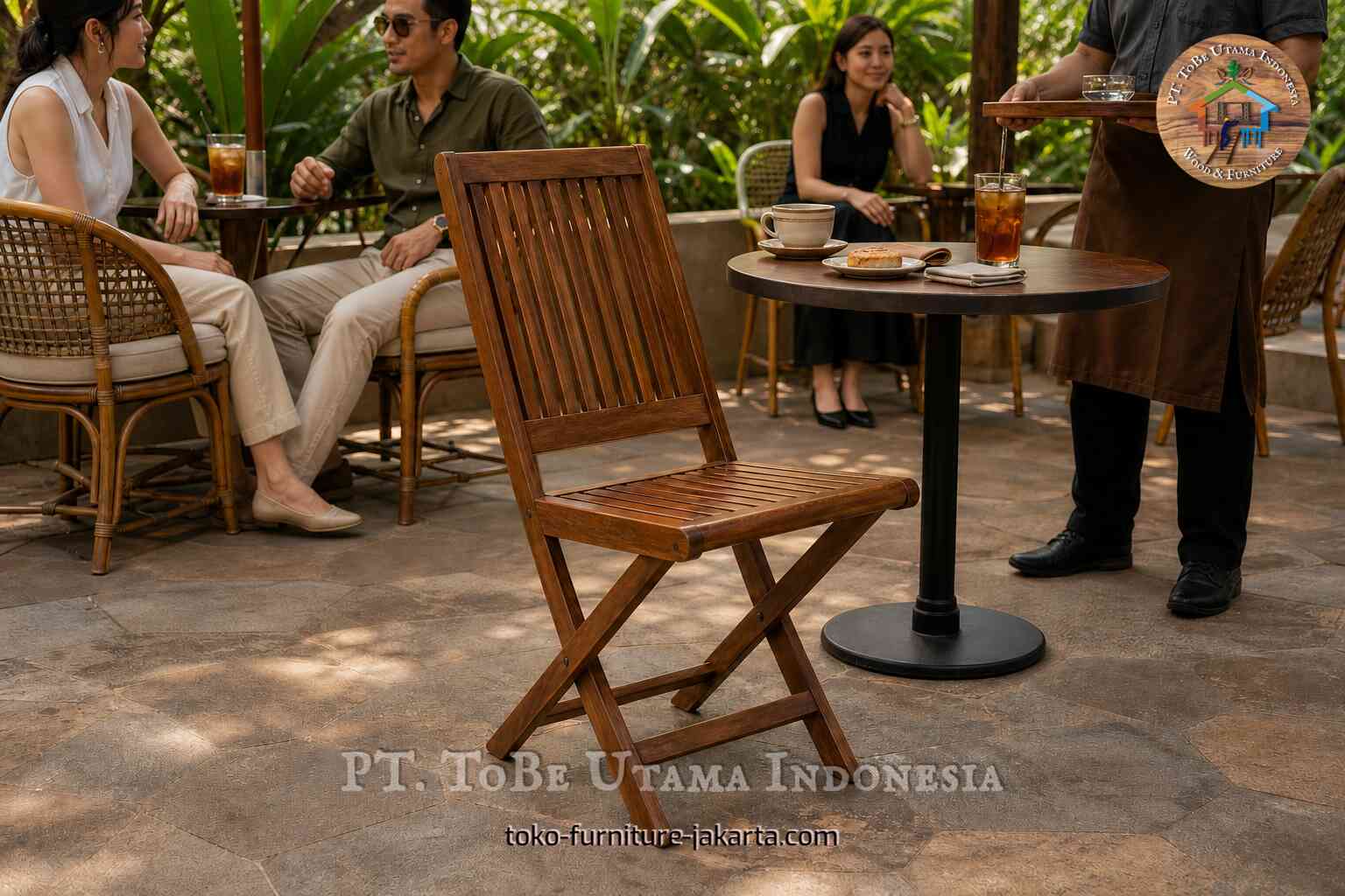 Wood-finish folding chair beside a cafe table in an outdoor setting