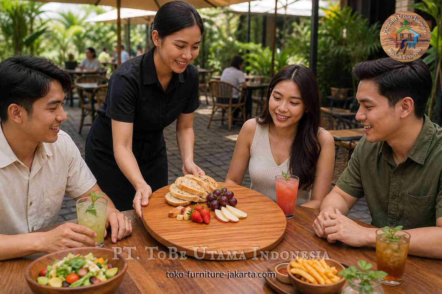 Talenan bundar berwarna kayu untuk menyajikan roti dan buah kepada tamu kafe di meja luar ruangan.