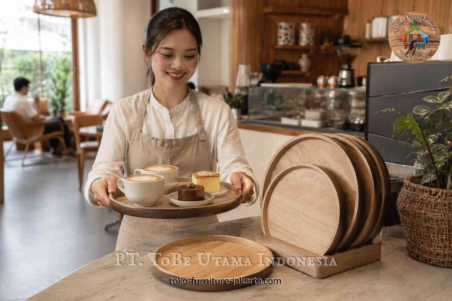 Nampan bundar bermotif kayu dipajang dan digunakan untuk menyajikan kopi dan kue di suasana kafe yang hangat.