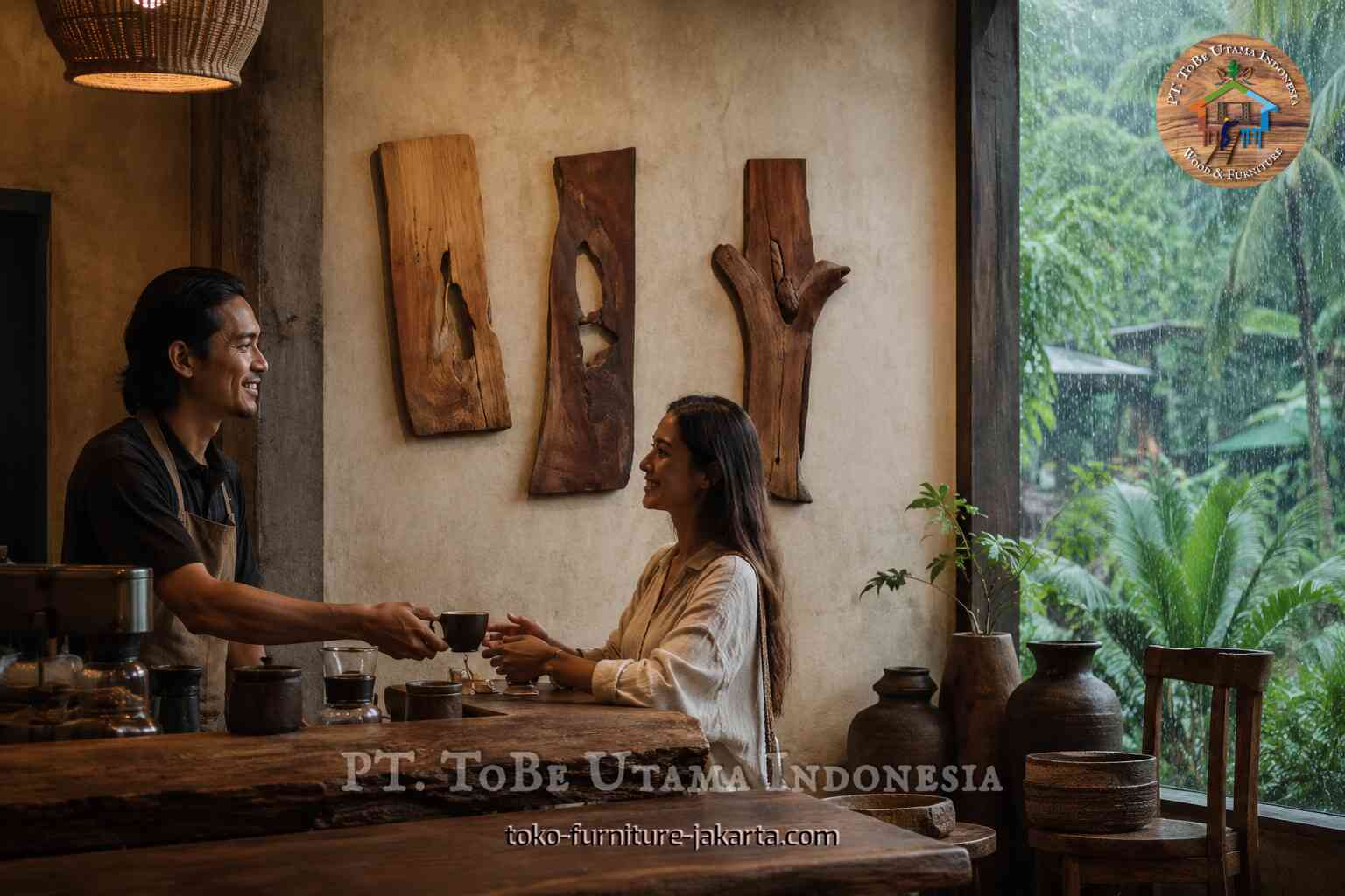 Suasana konter kafe dengan dekorasi dinding kayu, seorang barista, dan seorang pelanggan yang duduk di dekat jendela tropis.