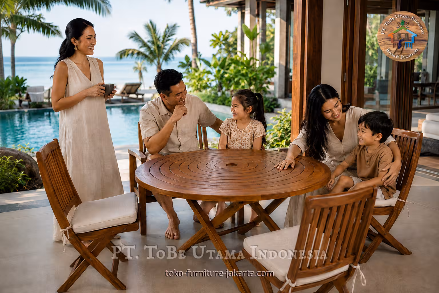 Round wood-finish outdoor dining table with folding chairs beside a pool